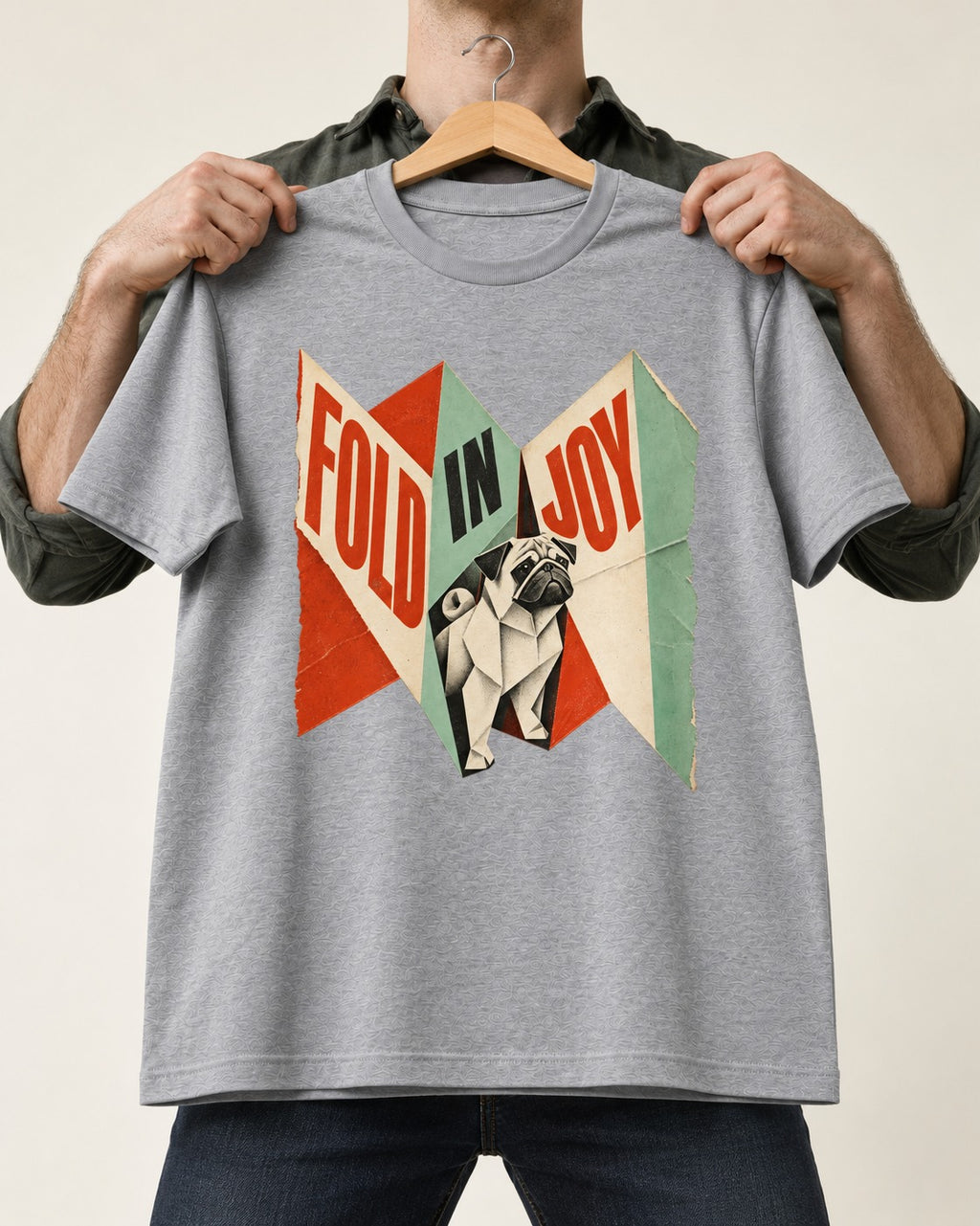 Pug Fold in Joy Geometric Poster Graphic T-Shirt in Sport Grey, held up on a hanger