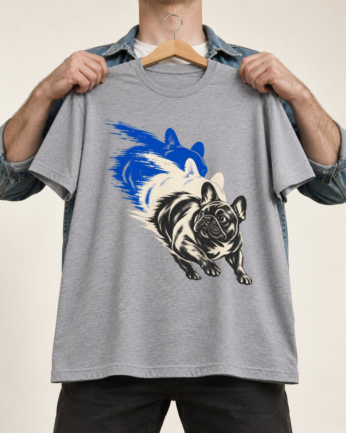 Frenchie Blue Brush Zoomie Graphic T-Shirt in Sport Grey, held up on a hanger