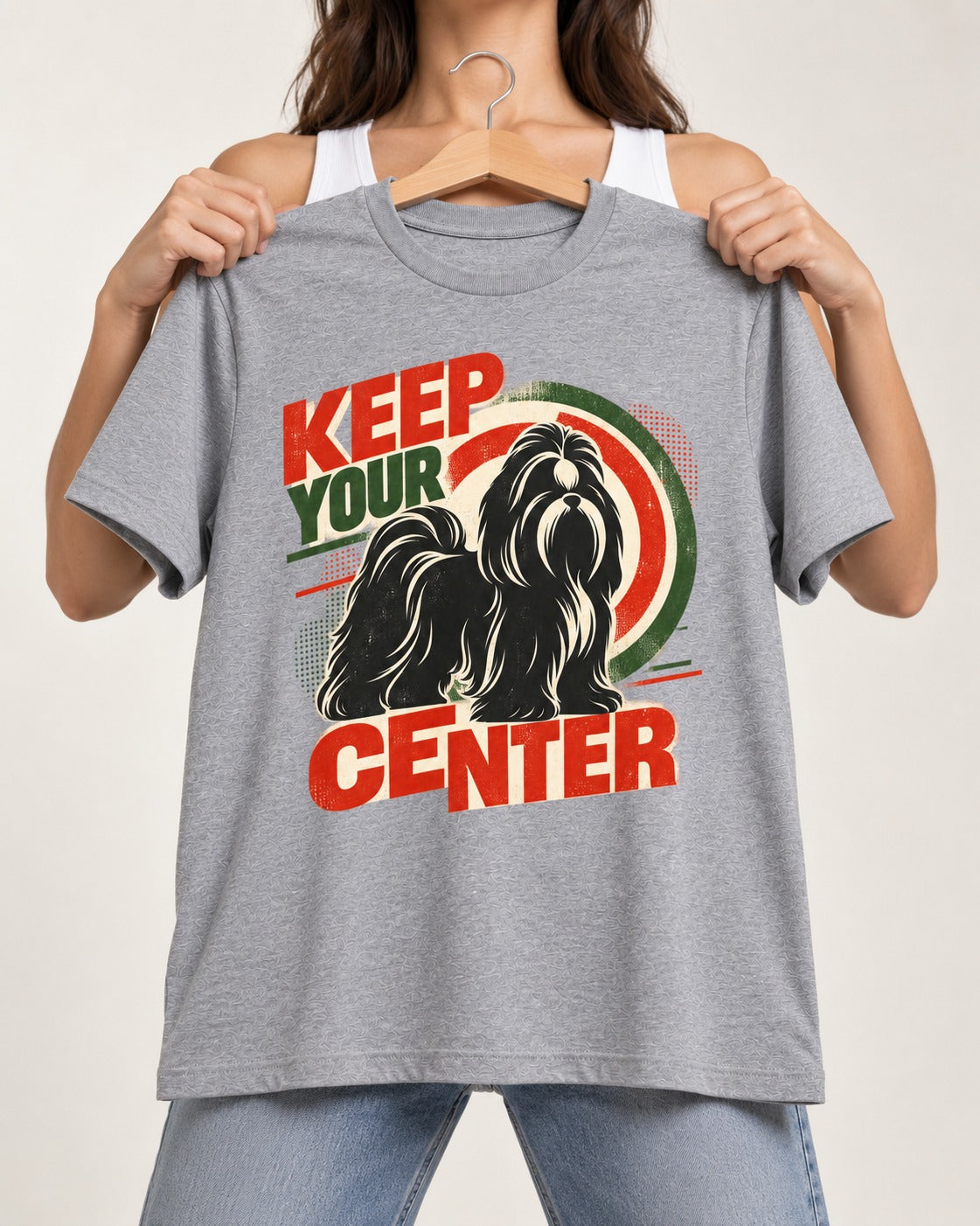 Shih Tzu Keep Your Center Retro Target Graphic T-Shirt in Sport Grey, held up on a hanger
