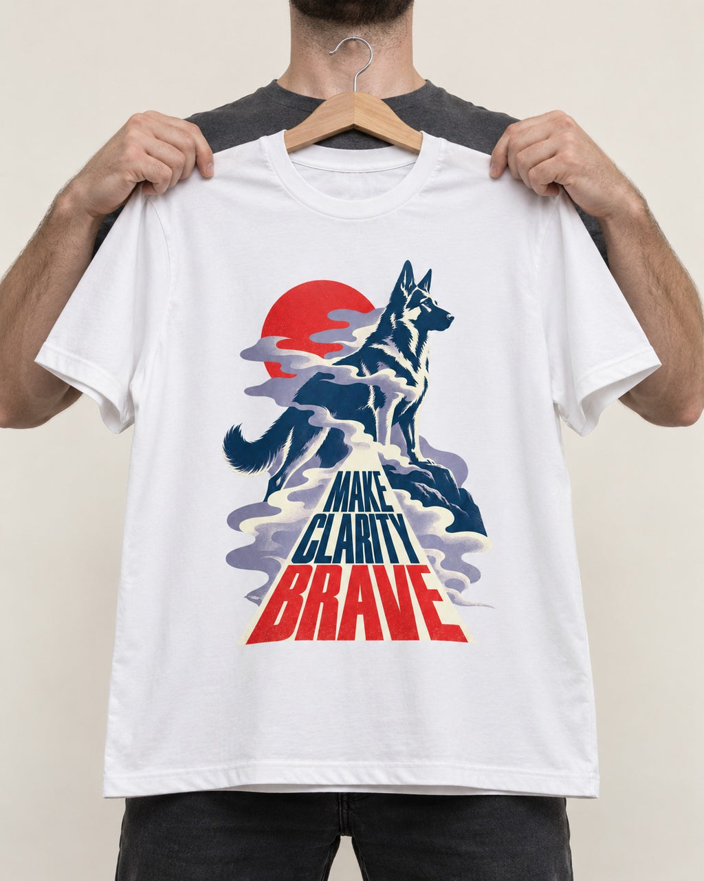 Make Clarity Brave Mountain German Shepherd Dog Graphic T-Shirt in White, held up on a hanger