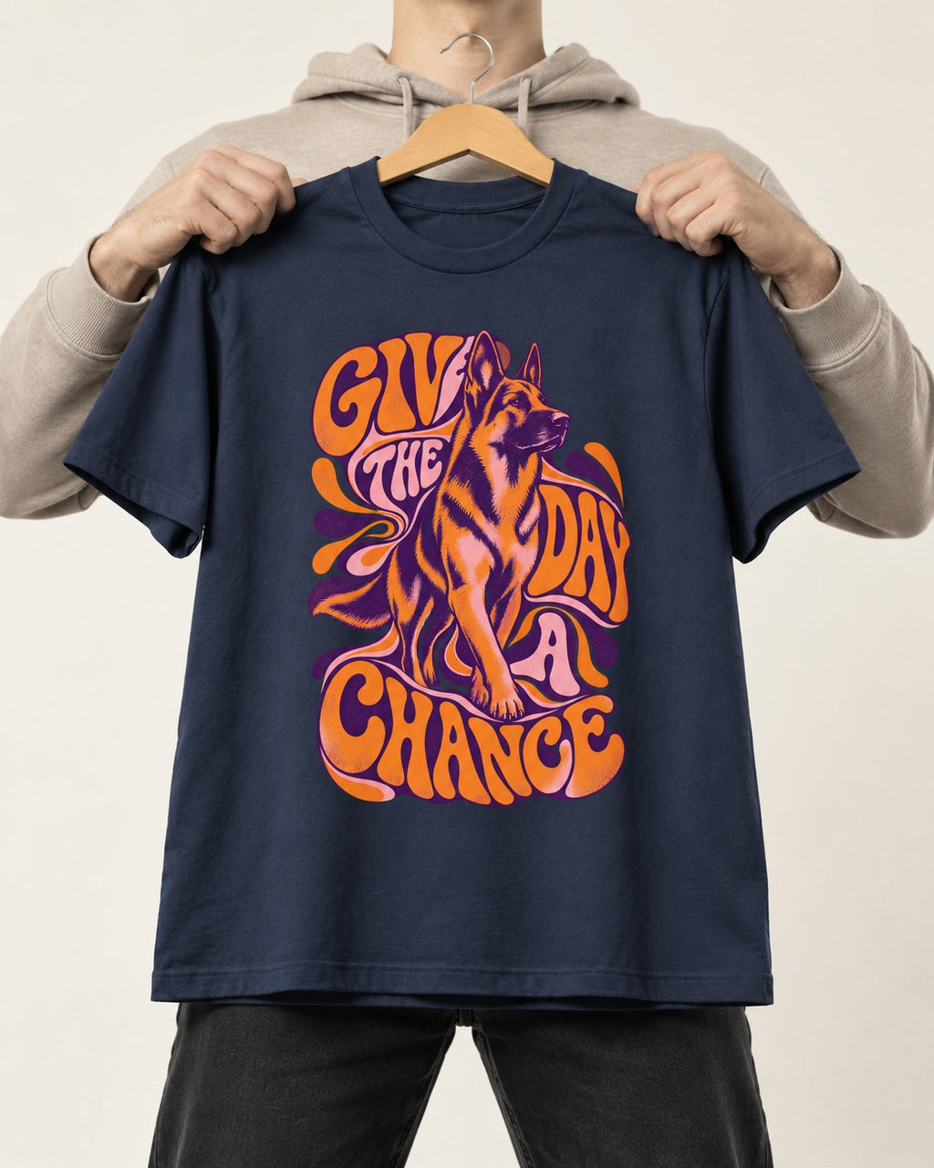Give The Day A Chance Psychedelic German Shepherd Dog Graphic T-Shirt in Navy, held up on a hanger
