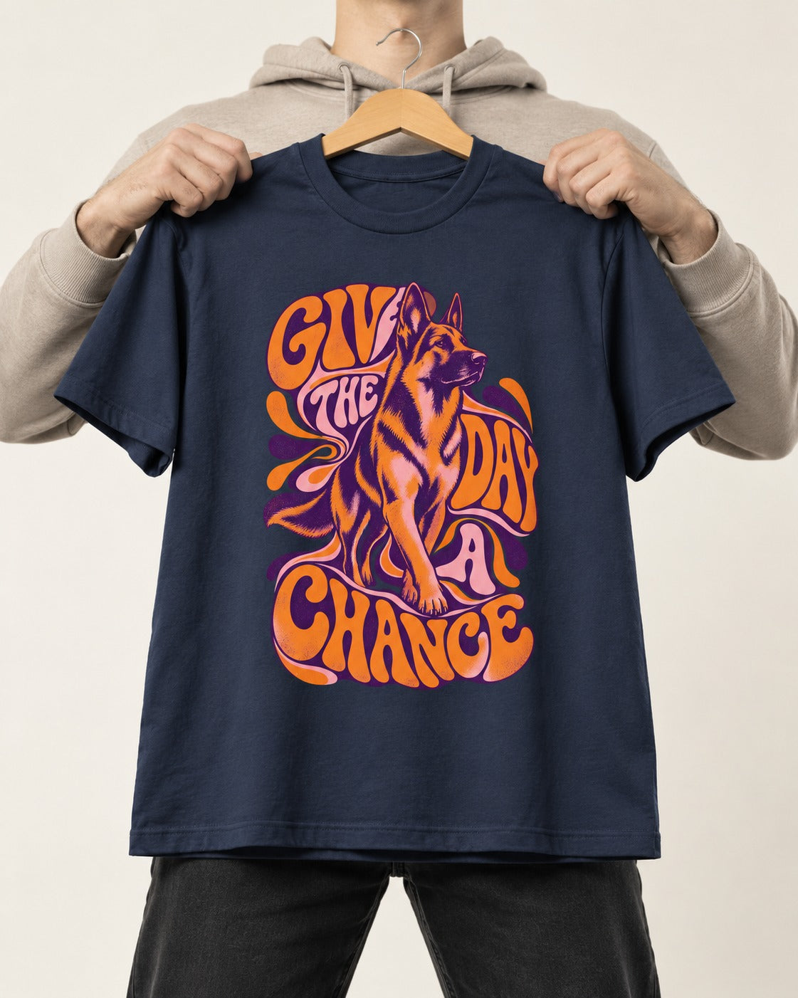 Give The Day A Chance Psychedelic German Shepherd Dog Graphic T-Shirt in Navy, held up on a hanger