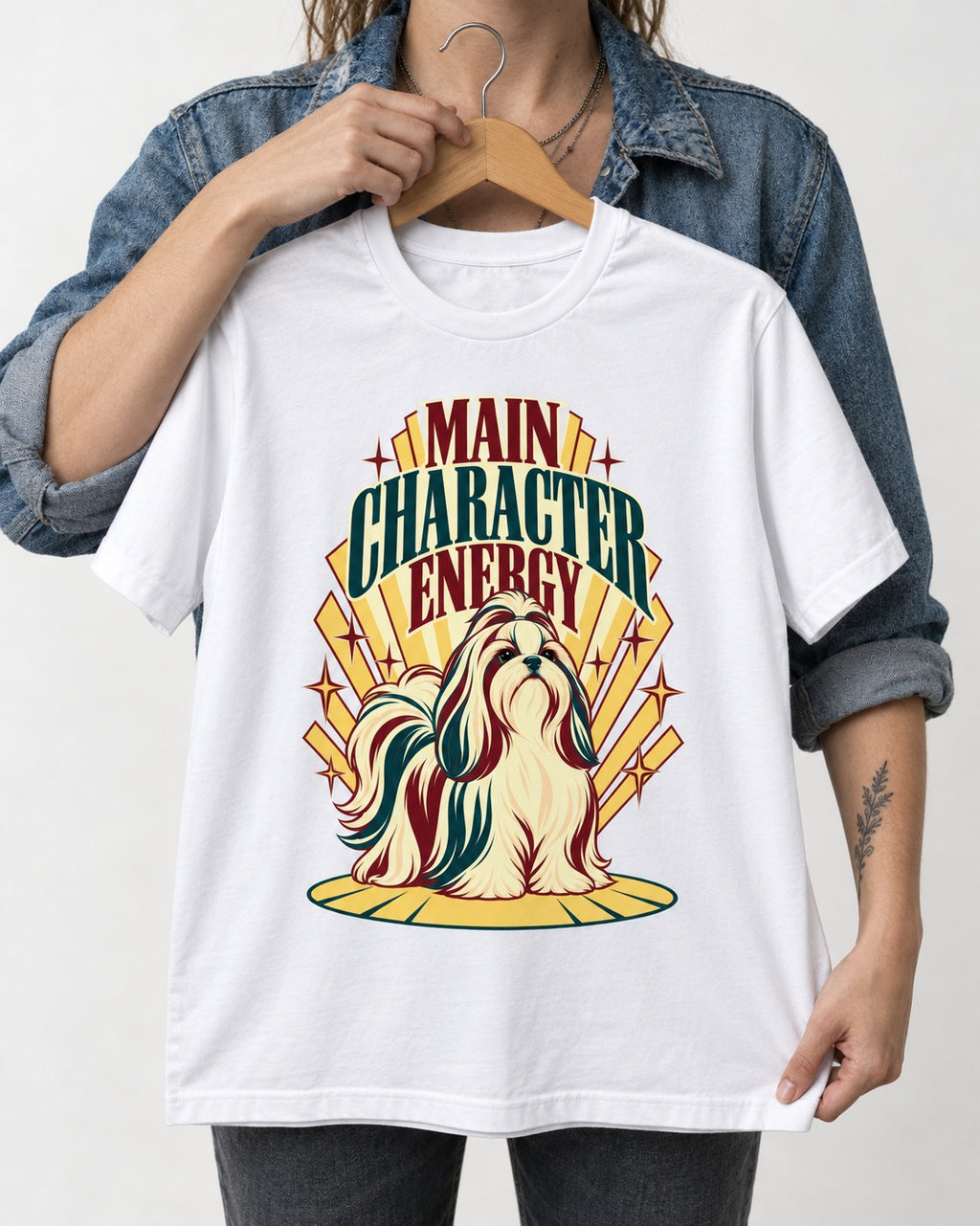 Shih Tzu Main Character Energy Art Deco Graphic T-Shirt in White, held up on a hanger