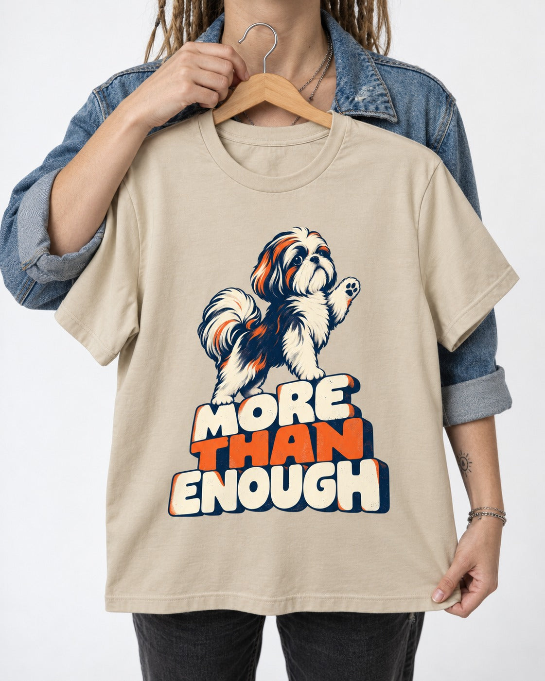 More Than Enough Shih Tzu T-Shirt in Sand, held up on a hanger