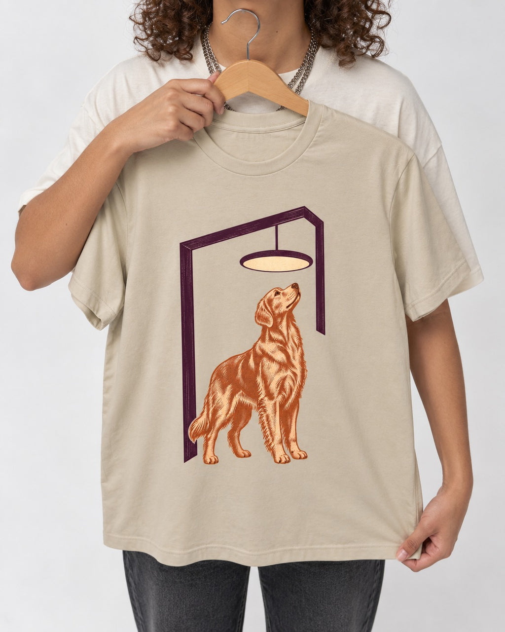 Golden Retriever Bright Idea T-Shirt in Sand, held up on a hanger