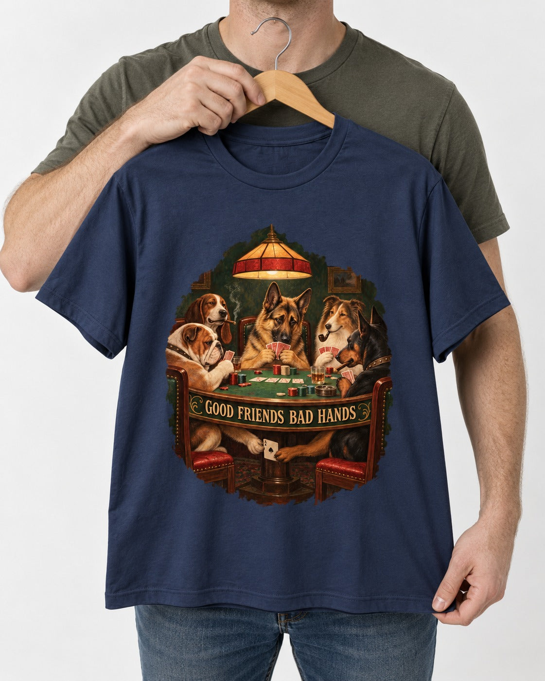 German Shepherd Dog Good Friends Bad Hands Poker Graphic T-Shirt in Navy, held up on a hanger