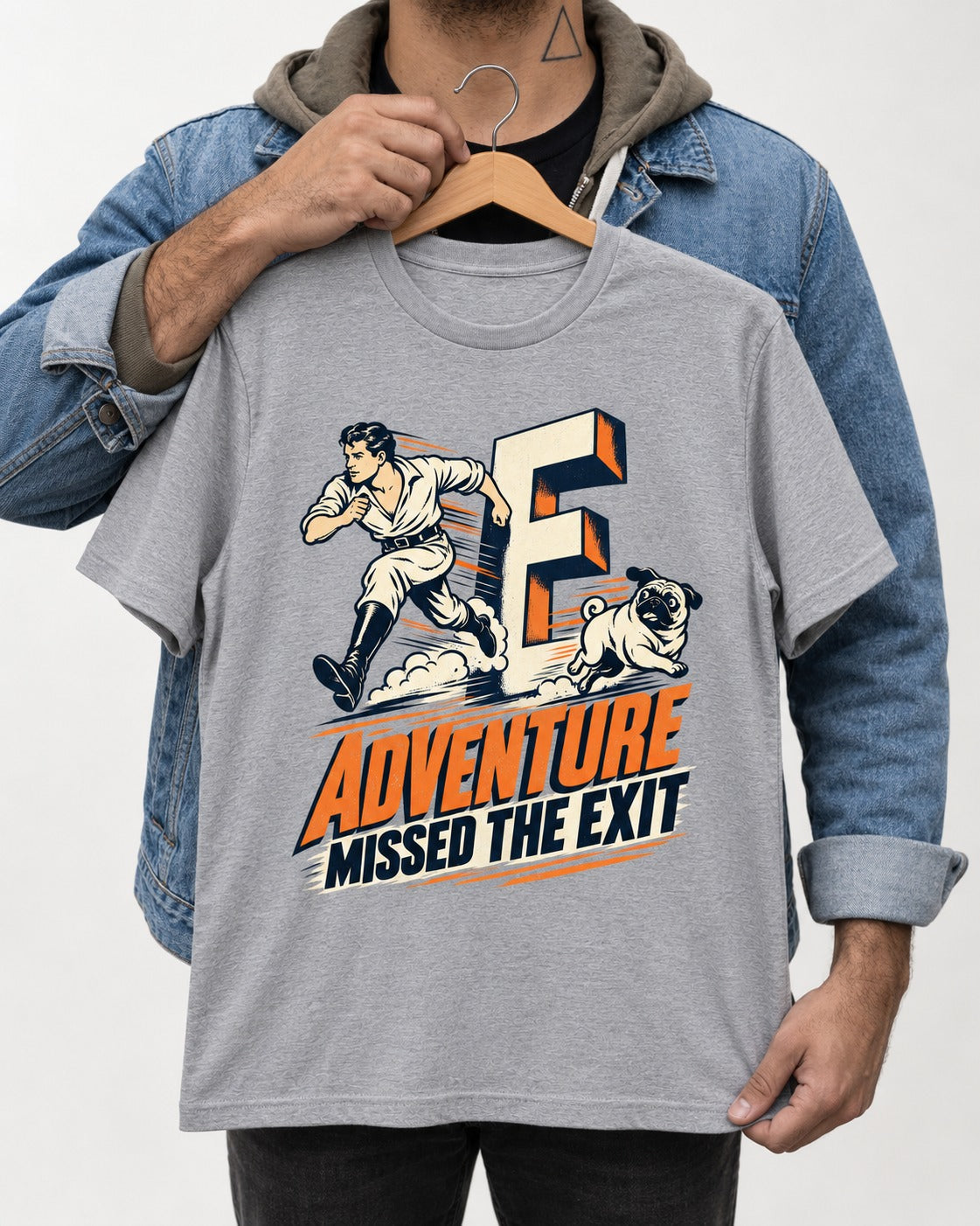 Pug Adventure Missed the Exit Running Graphic T-Shirt in Sport Grey, held up on a hanger