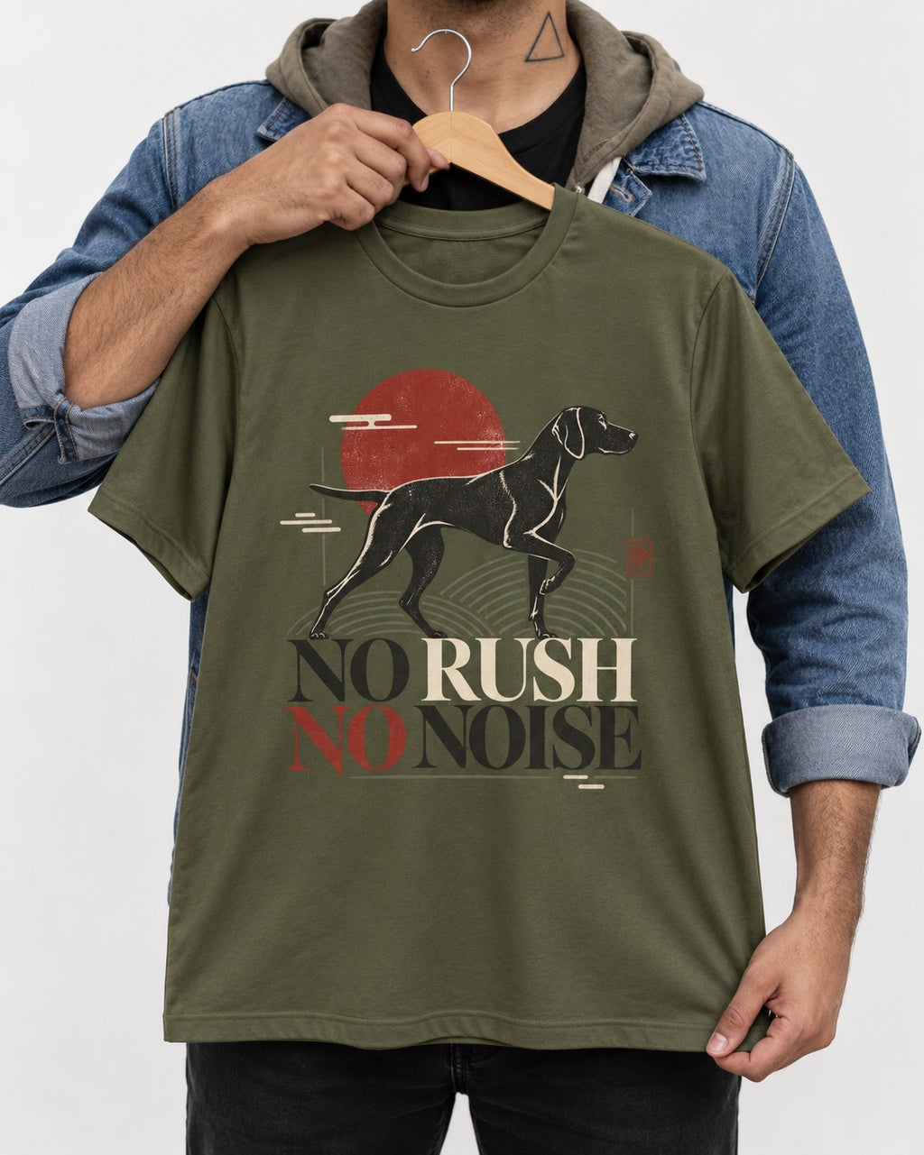 German Shorthaired Pointer No Rush No Noise Sunset Graphic T-Shirt in Heather Military Green, held up on a hanger
