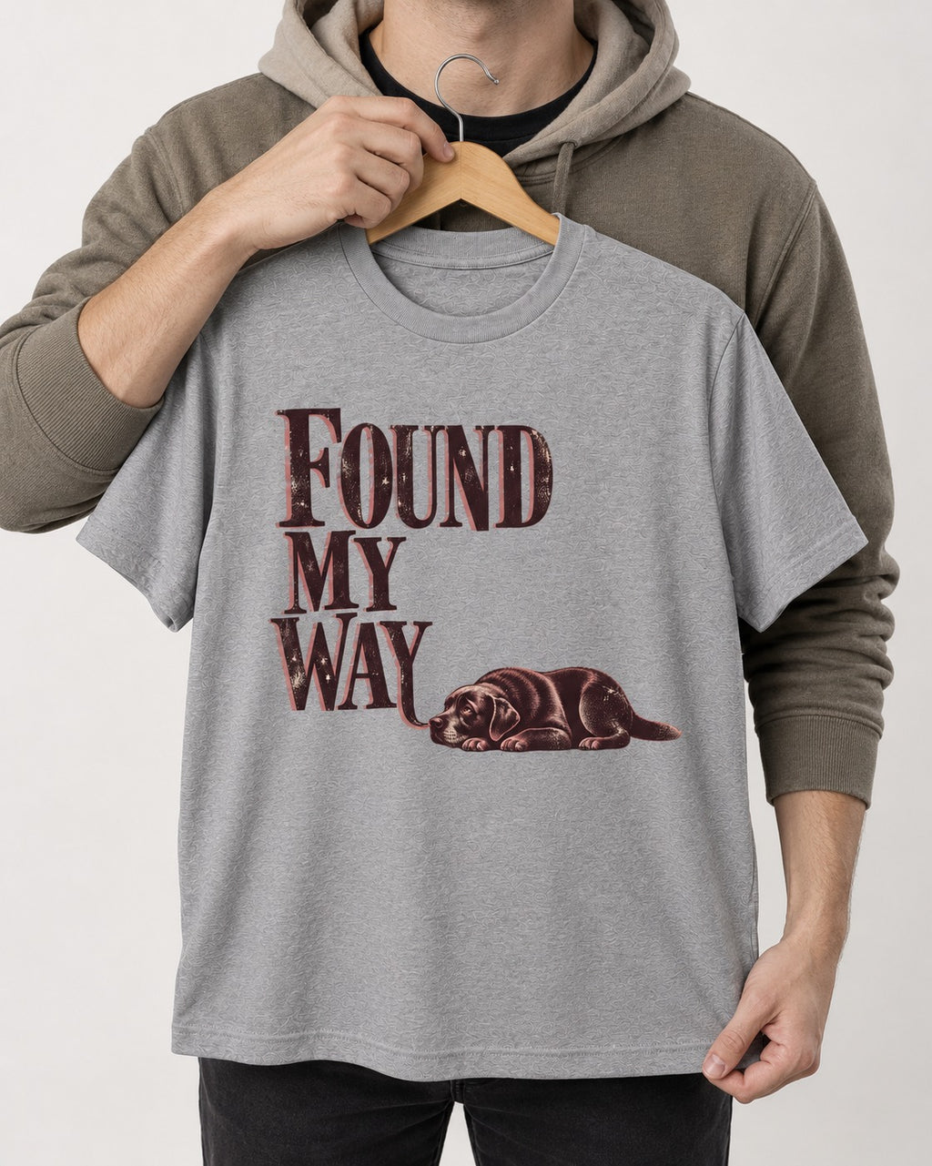 Found My Way Labrador Retriever T-Shirt in Sport Grey, held up on a hanger