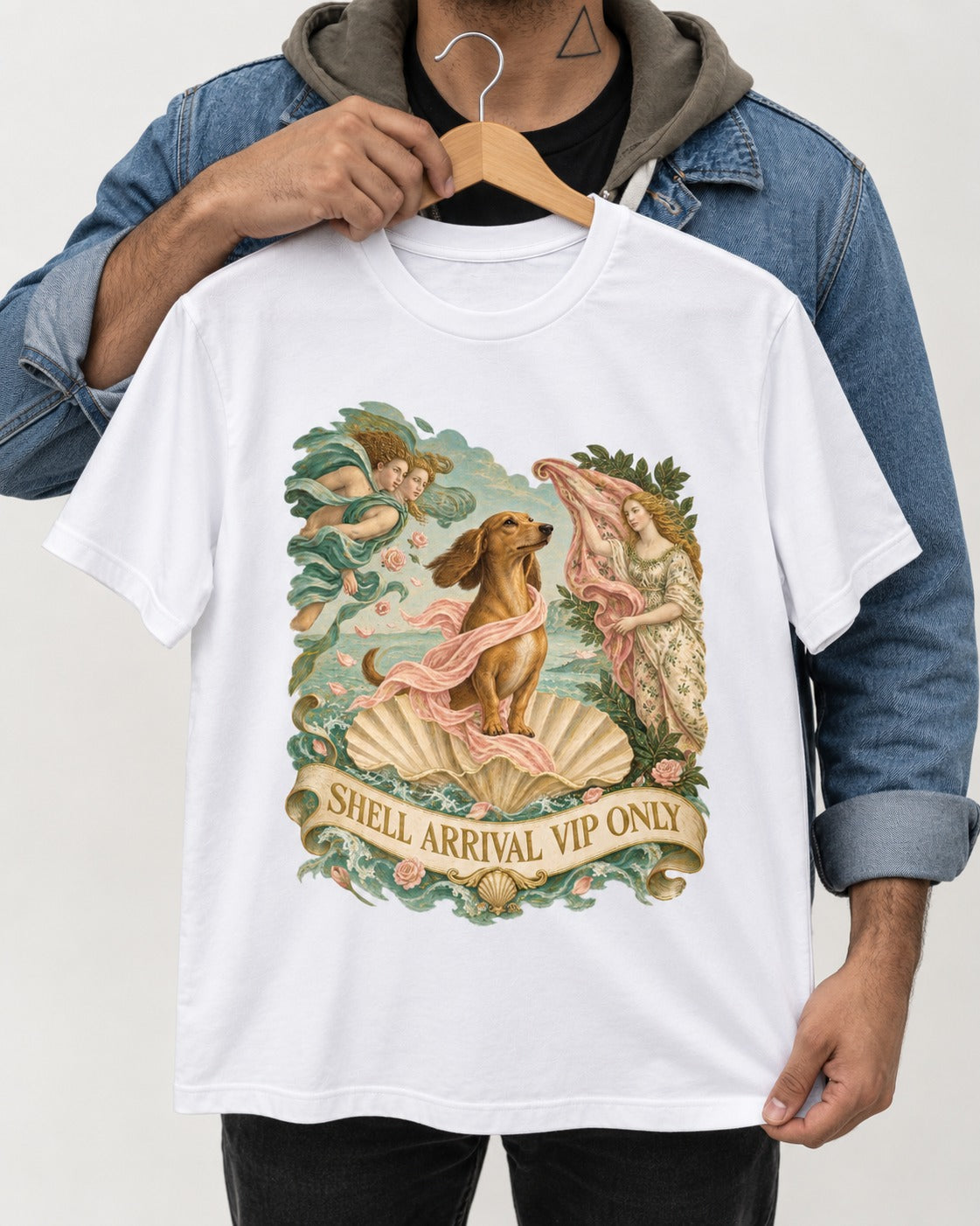 Dachshund Shell Arrival VIP Only Venus Parody Graphic T-Shirt in White, held up on a hanger