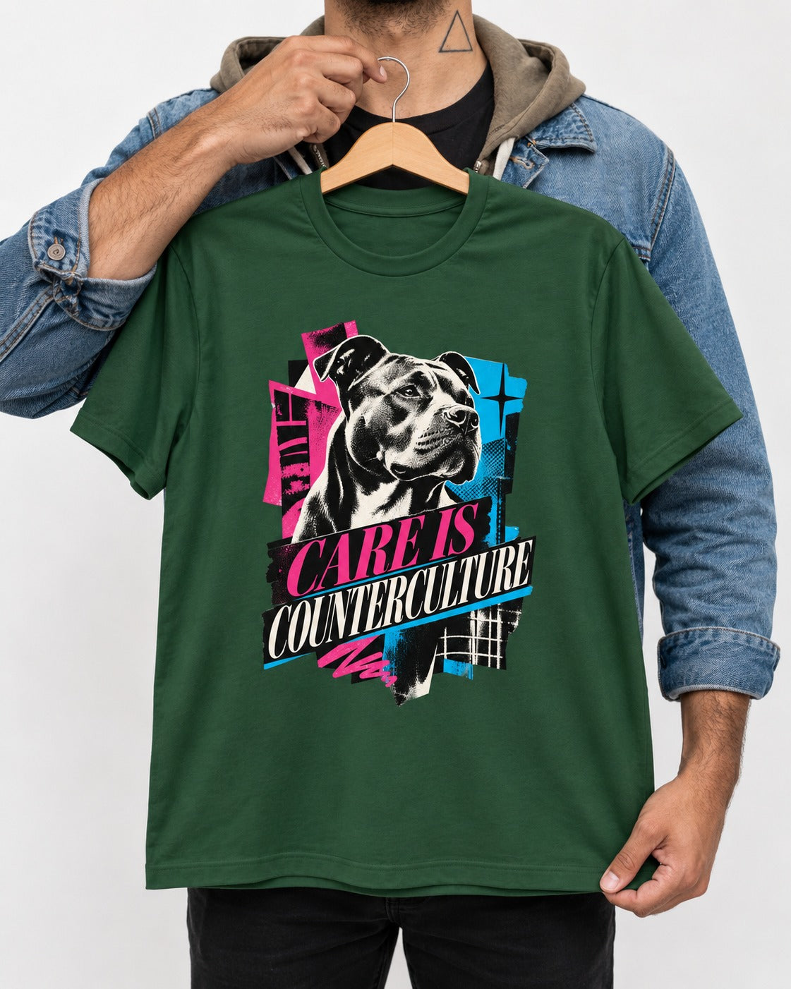 Pitbull Care Is Counterculture Neon Collage Portrait Graphic T-Shirt in Forest Green, held up on a hanger