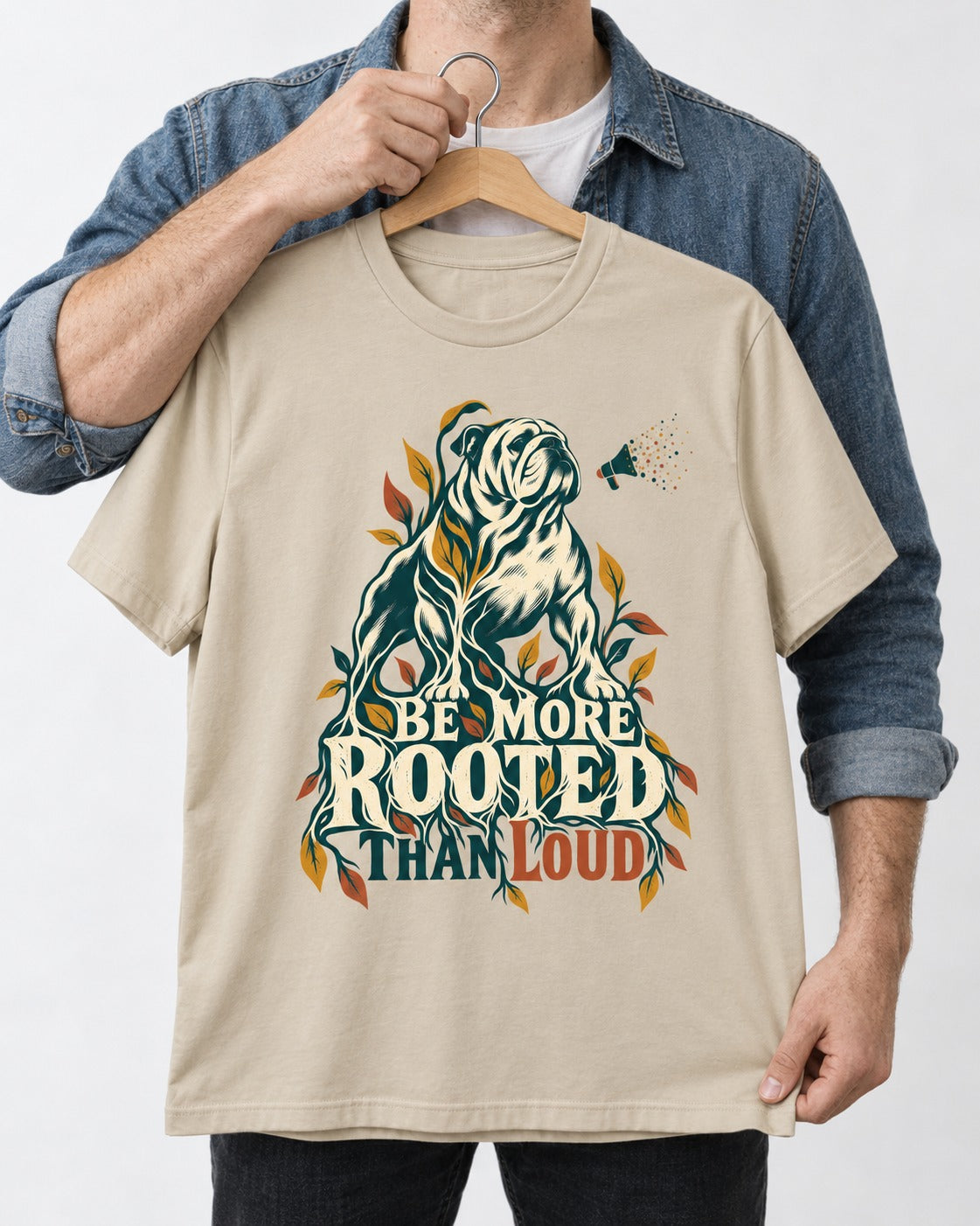 More Rooted Than Loud English Bulldog T-Shirt in Sand, held up on a hanger