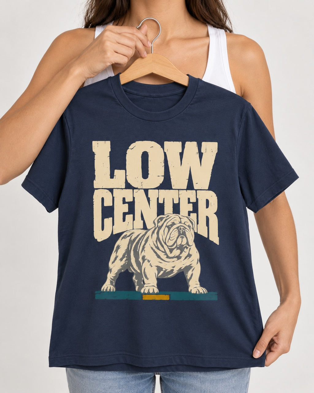 English Bulldog Low Center Stance Graphic T-Shirt in Navy, held up on a hanger