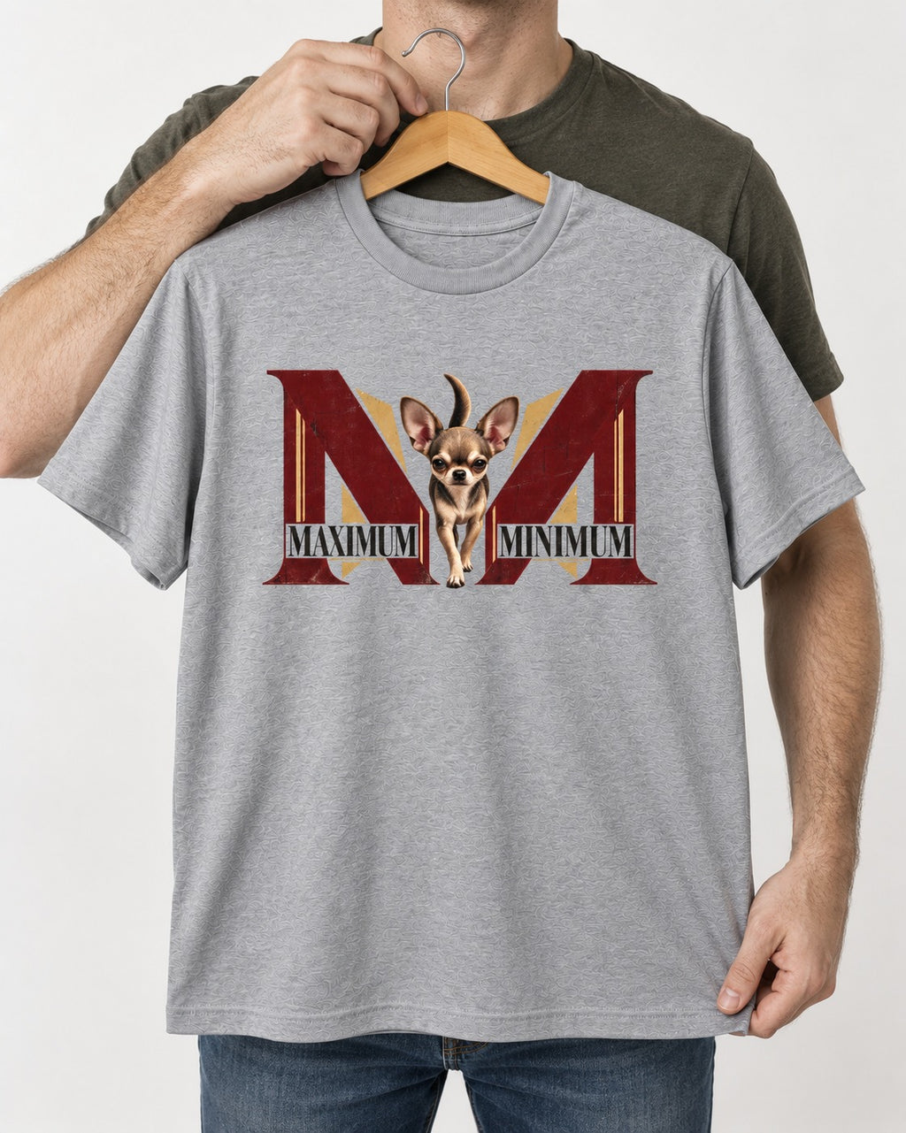 Maximum Minimum Chihuahua T-Shirt in Sport Grey, held up on a hanger
