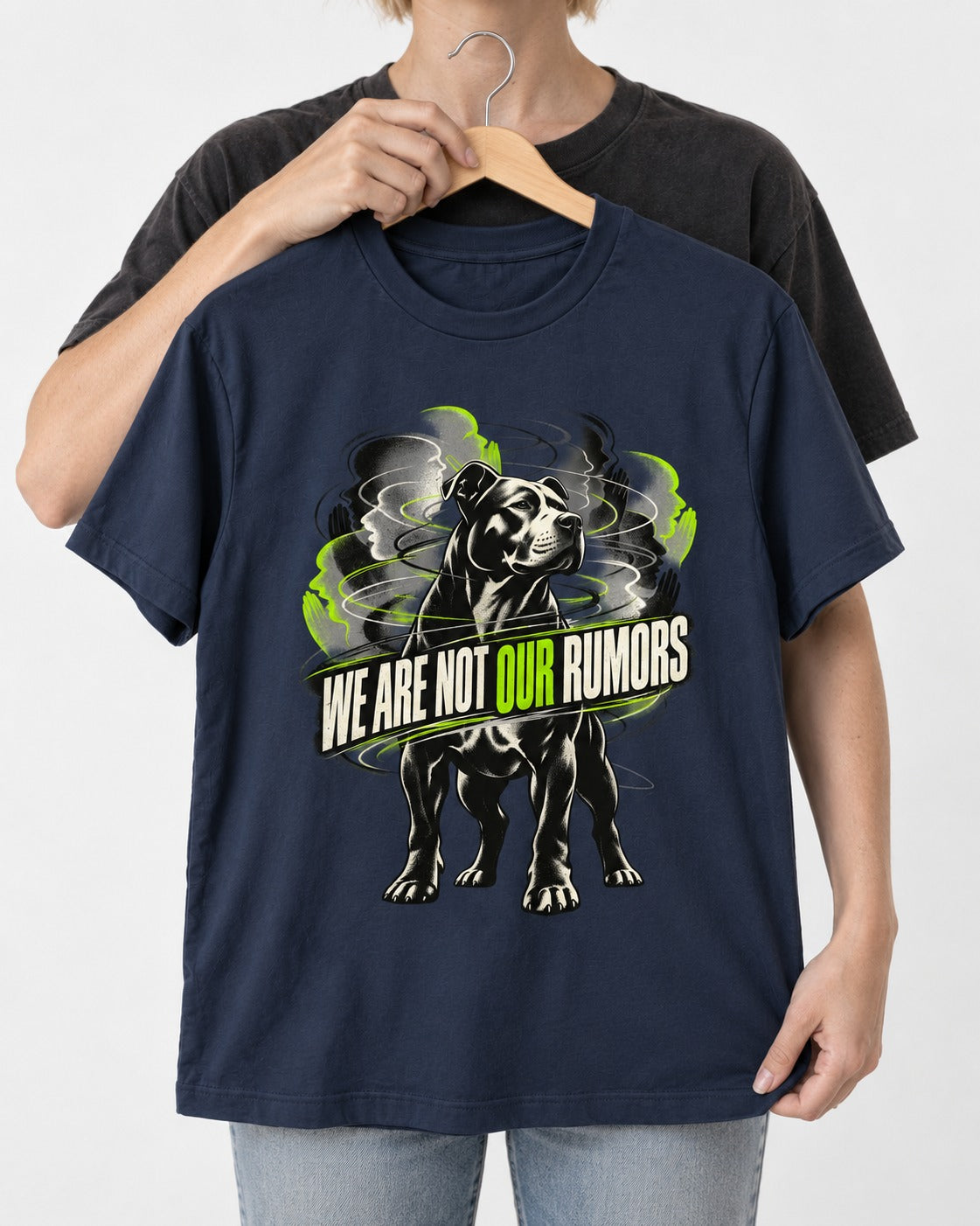 Pitbull We Are Not Our Rumors Swirling Voices Graphic T-Shirt in Navy, held up on a hanger