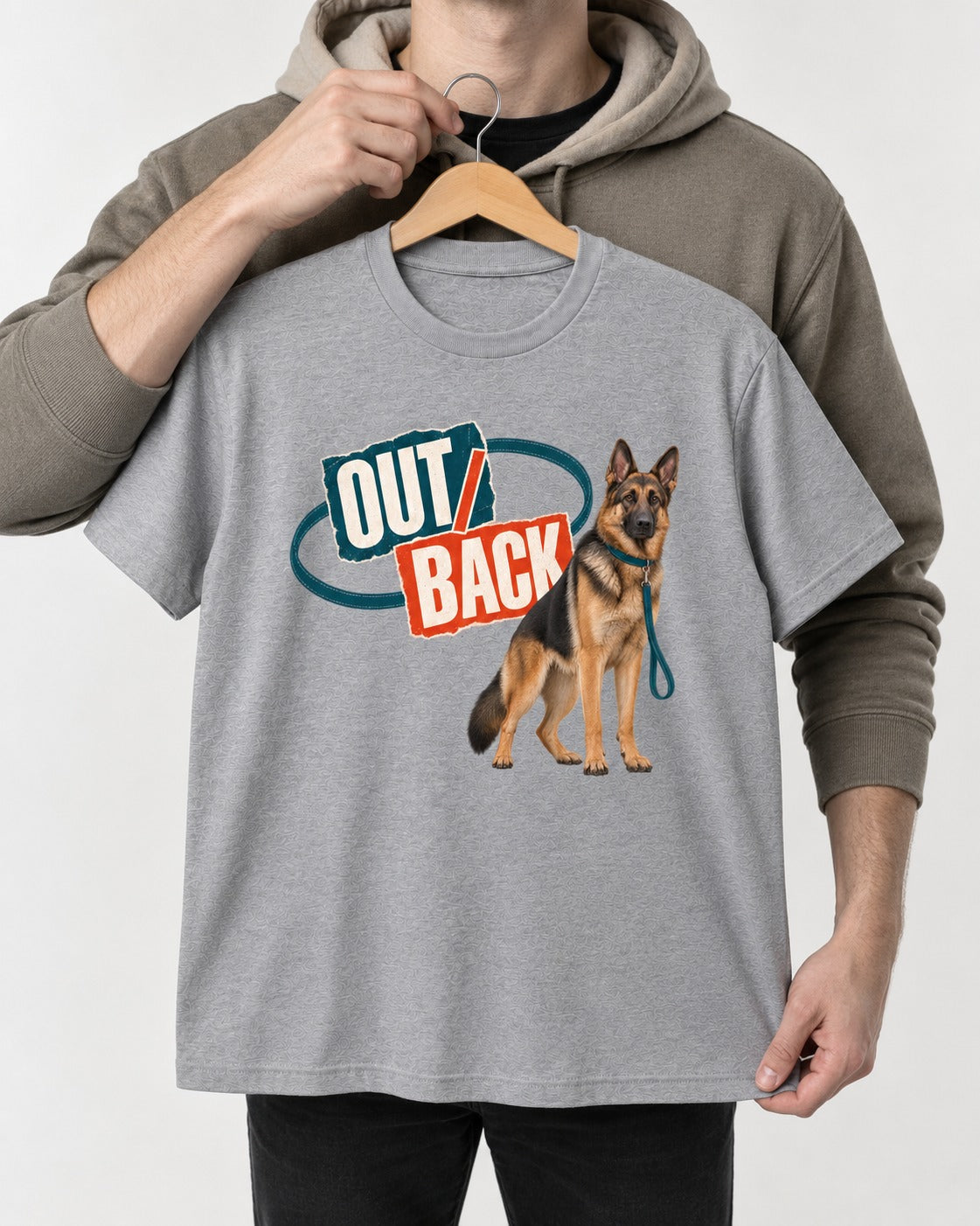 Out Back Leash German Shepherd Dog Graphic T-Shirt in Sport Grey, held up on a hanger