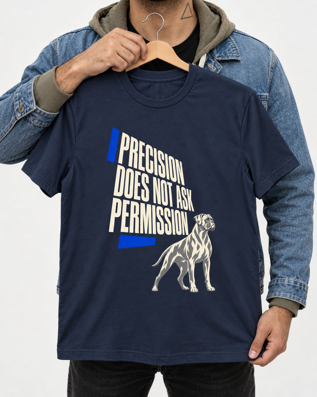Precision Does Not Ask Permission Boxer T-Shirt in Navy, held up on a hanger