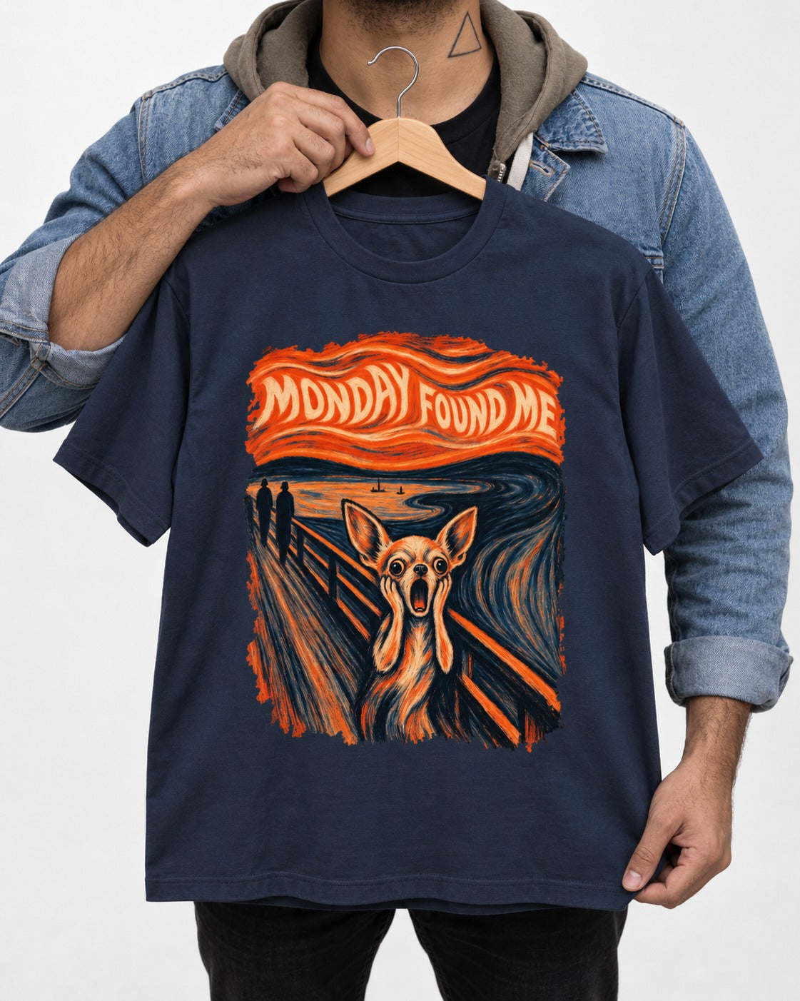 Monday Found Me Chihuahua Scream Banner T-Shirt in Navy, held up on a hanger