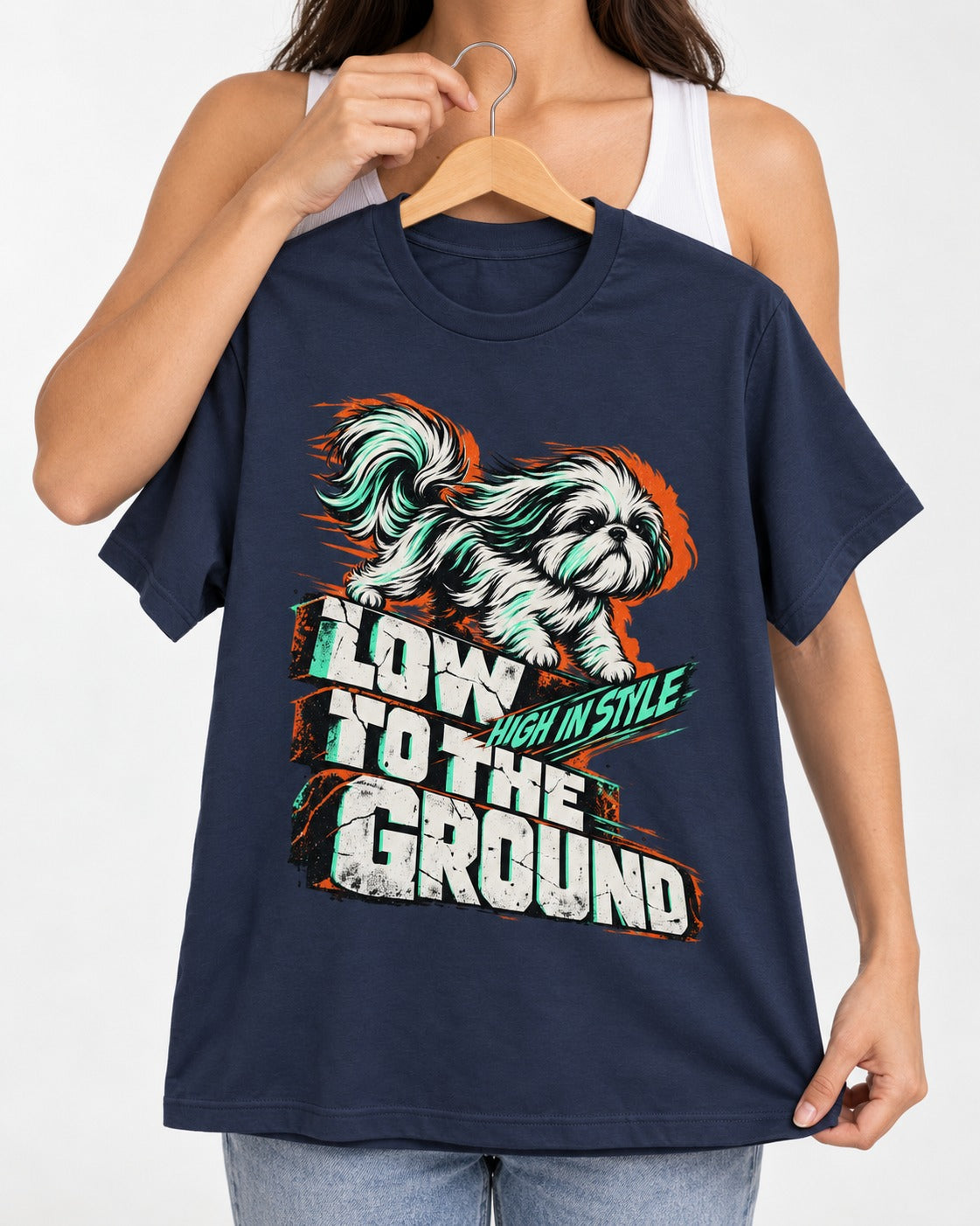 Shih Tzu Low to the Ground High in Style Streetwear Graphic T-Shirt in Navy, held up on a hanger