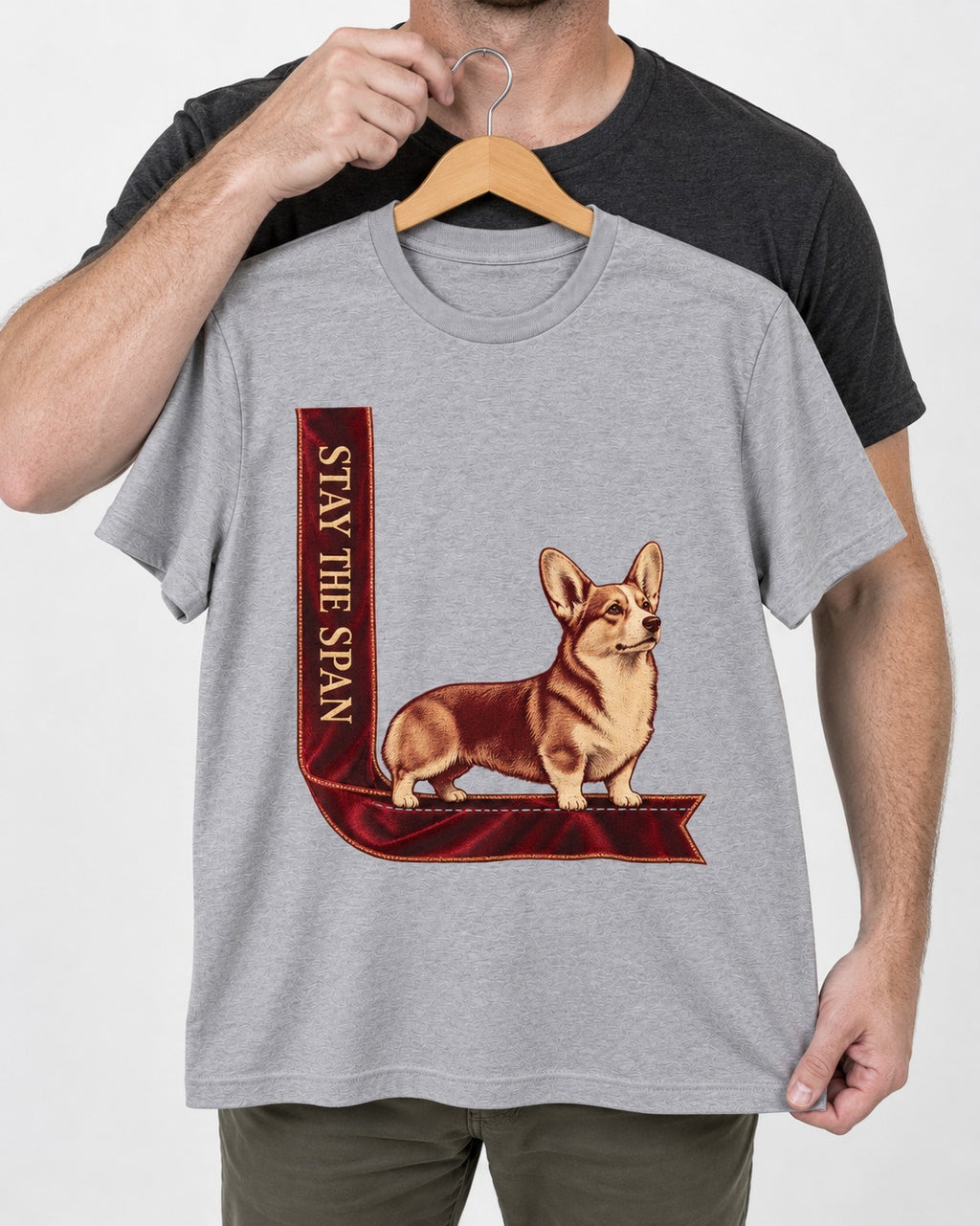 Corgi Stay the Span Ribbon T-Shirt in Sport Grey, held up on a hanger