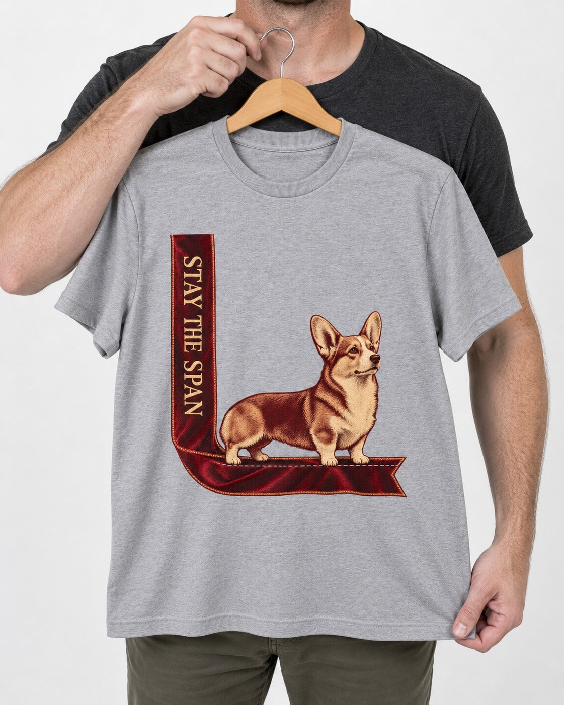 Corgi Stay the Span Ribbon T-Shirt in Sport Grey, held up on a hanger