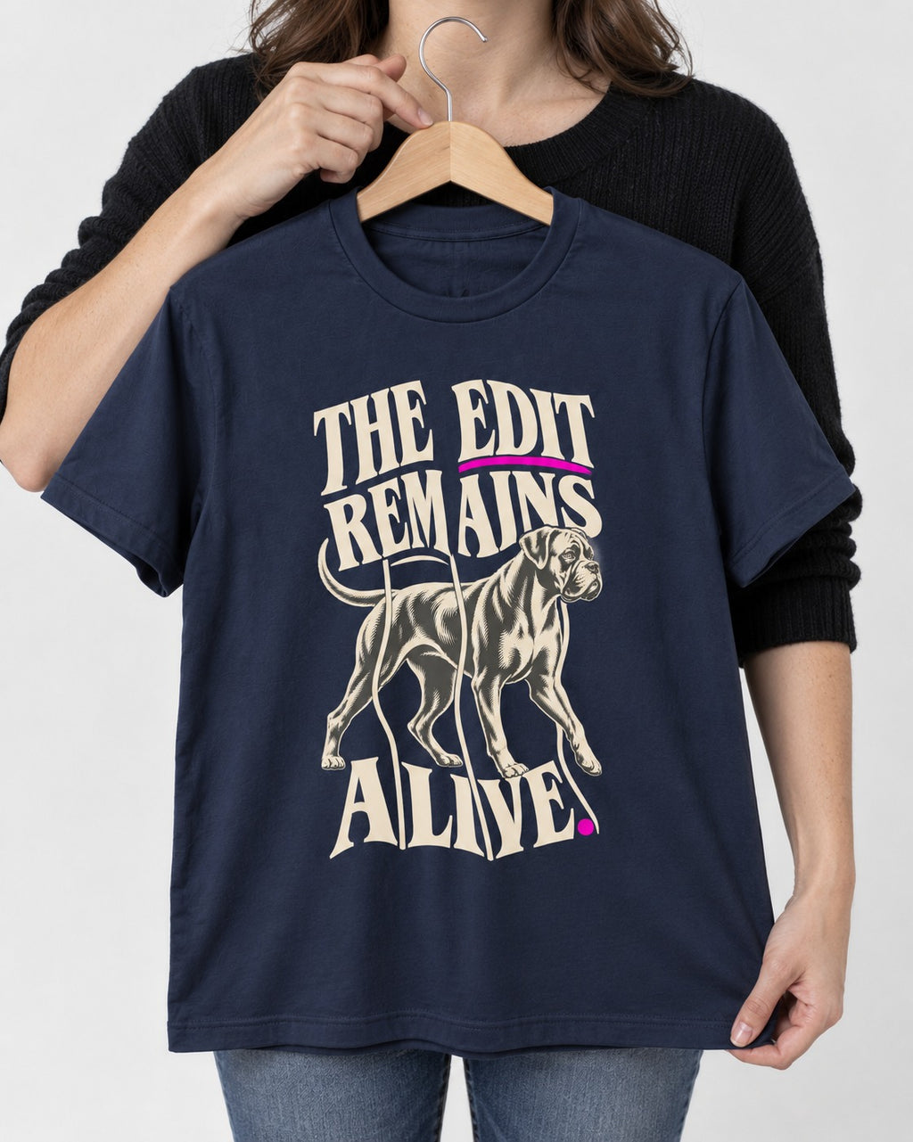 The Edit Remains Alive Boxer T-Shirt in Navy, held up on a hanger
