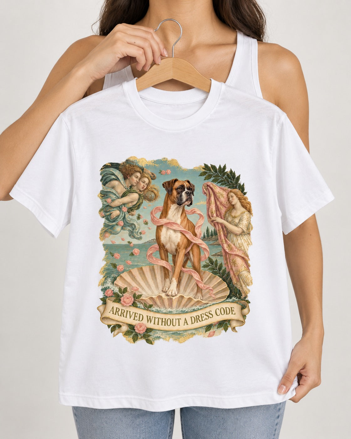 Arrived Without a Dress Code Boxer Classical Collage T-Shirt in White, held up on a hanger