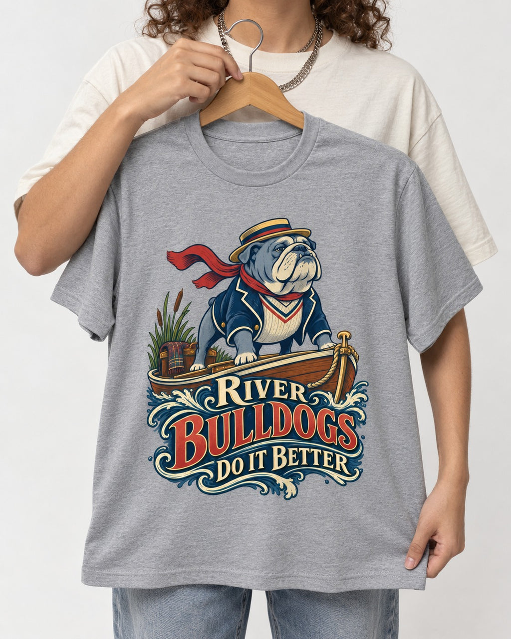 River English Bulldog Does It Better T-Shirt in Sport Grey, held up on a hanger