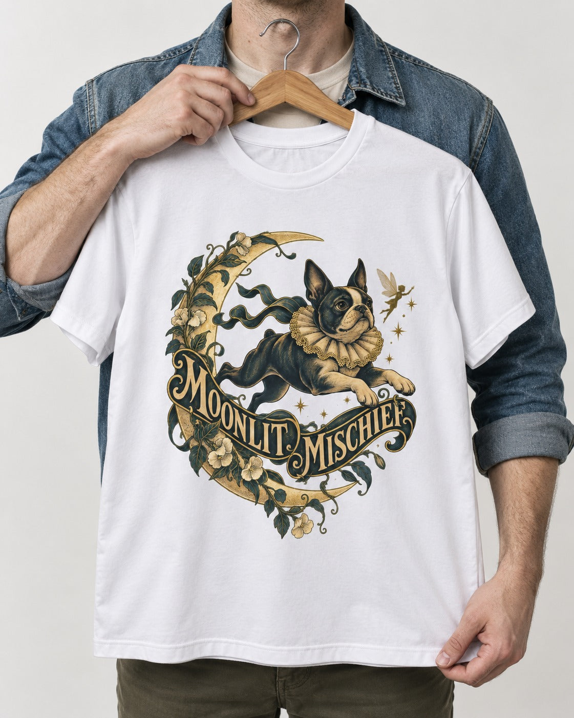 Boston Terrier Moonlit Mischief T-Shirt in White, held up on a hanger