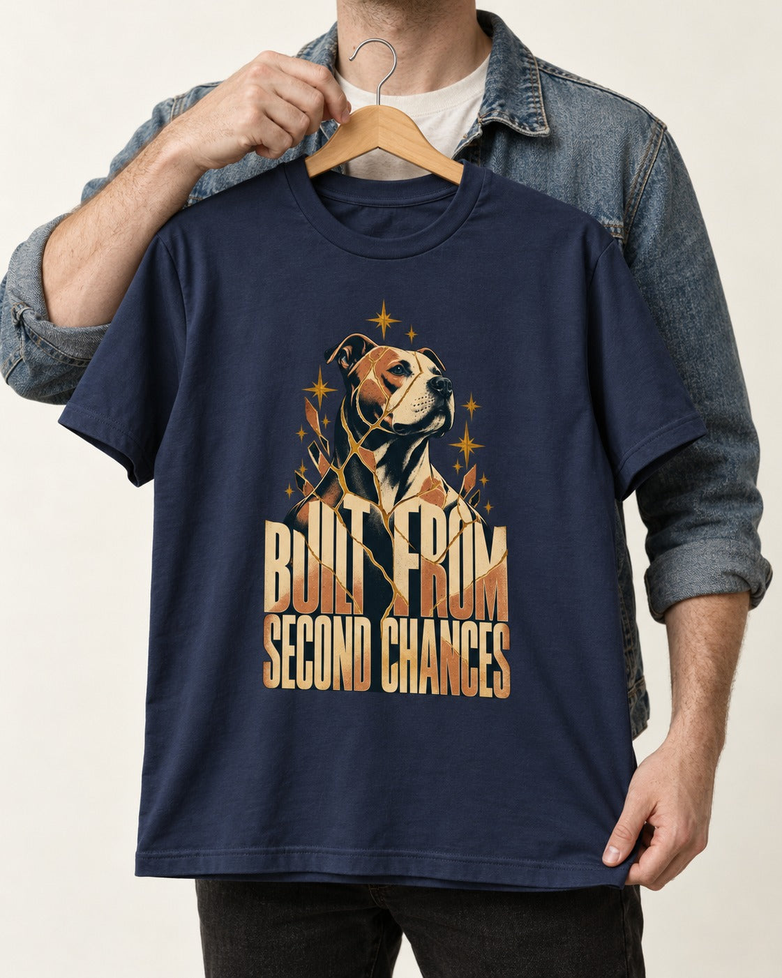 Pitbull Built from Second Chances Kintsugi Graphic T-Shirt in Navy, held up on a hanger