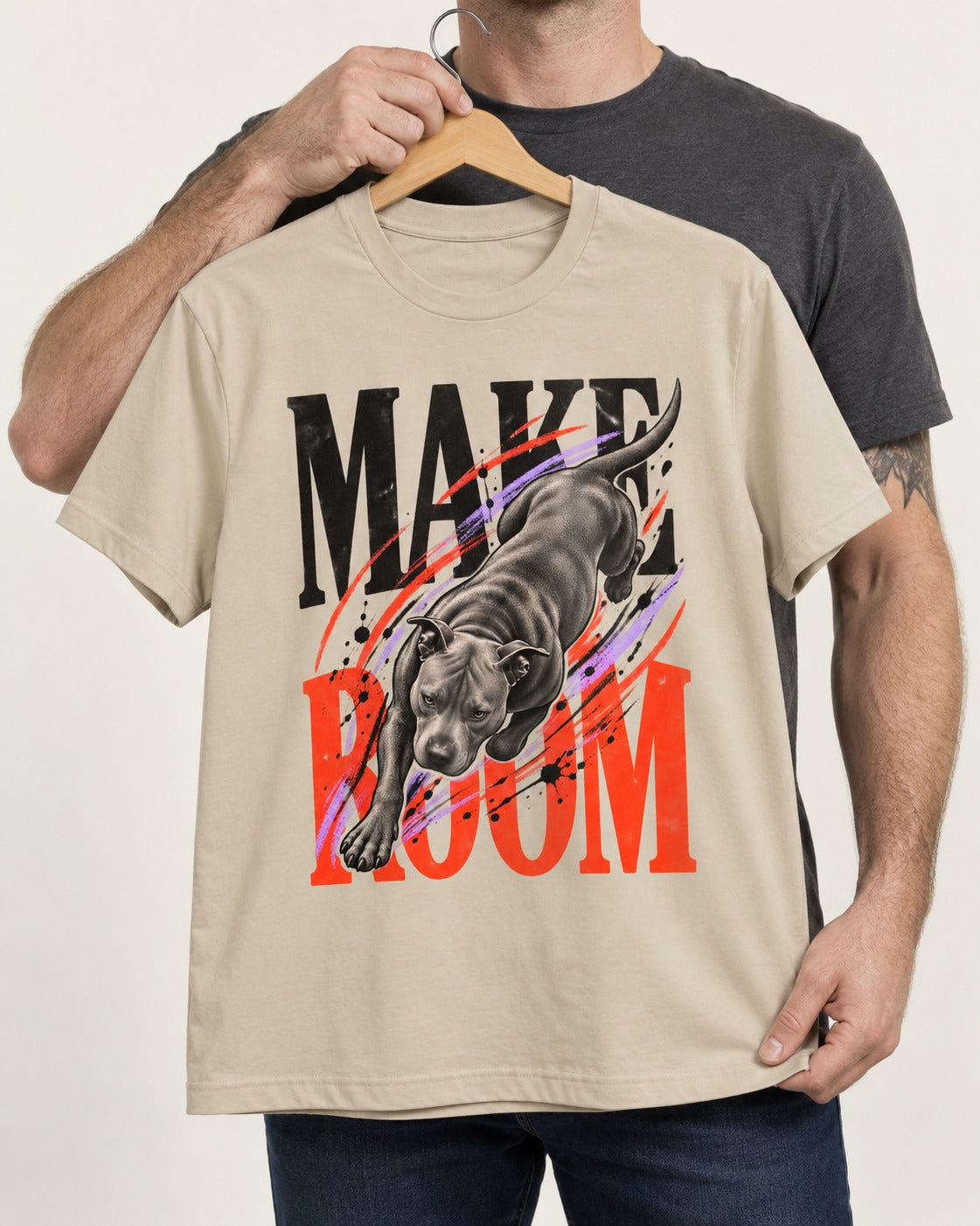 Make Room for Pitbull T-Shirt in Sand, held up on a hanger