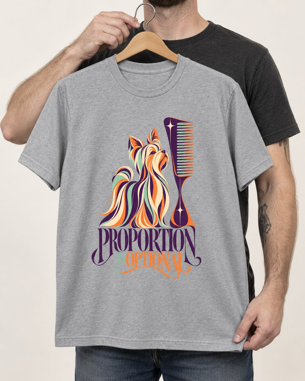 Yorkshire Terrier Proportion Is Optional T-Shirt in Sport Grey, held up on a hanger