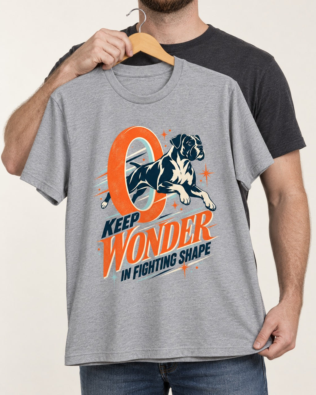 Boxer Keep Wonder in Fighting Shape T-Shirt in Sport Grey, held up on a hanger