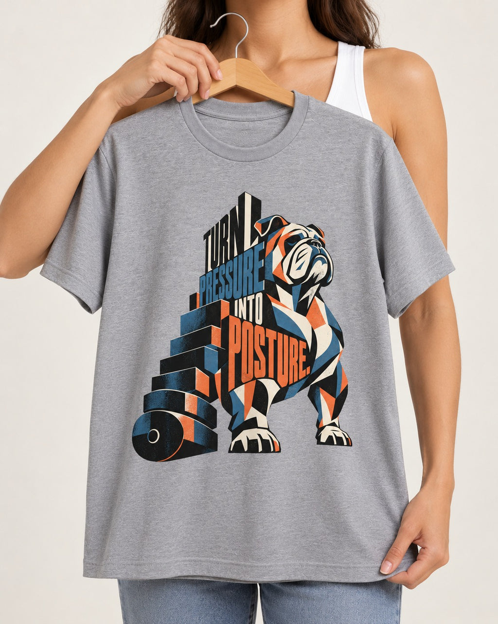 Turn Pressure Into Posture English Bulldog T-Shirt in Sport Grey, held up on a hanger