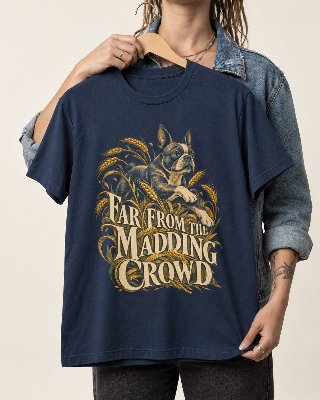 Far From the Madding Crowd Boston Terrier T-Shirt in Navy, held up on a hanger