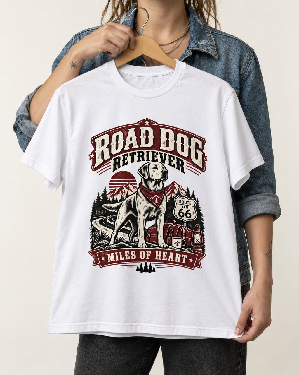 Labrador Retriever Road Dog Miles of Heart Route 66 Graphic T-Shirt in White, held up on a hanger