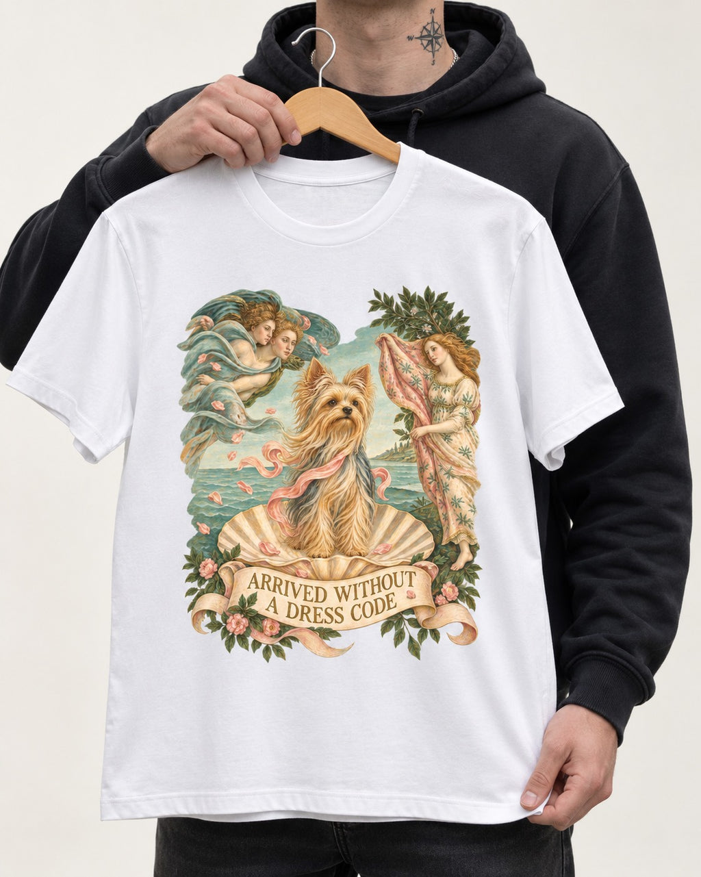 Yorkshire Terrier Arrived Without a Dress Code Venus Graphic T-Shirt in White, held up on a hanger