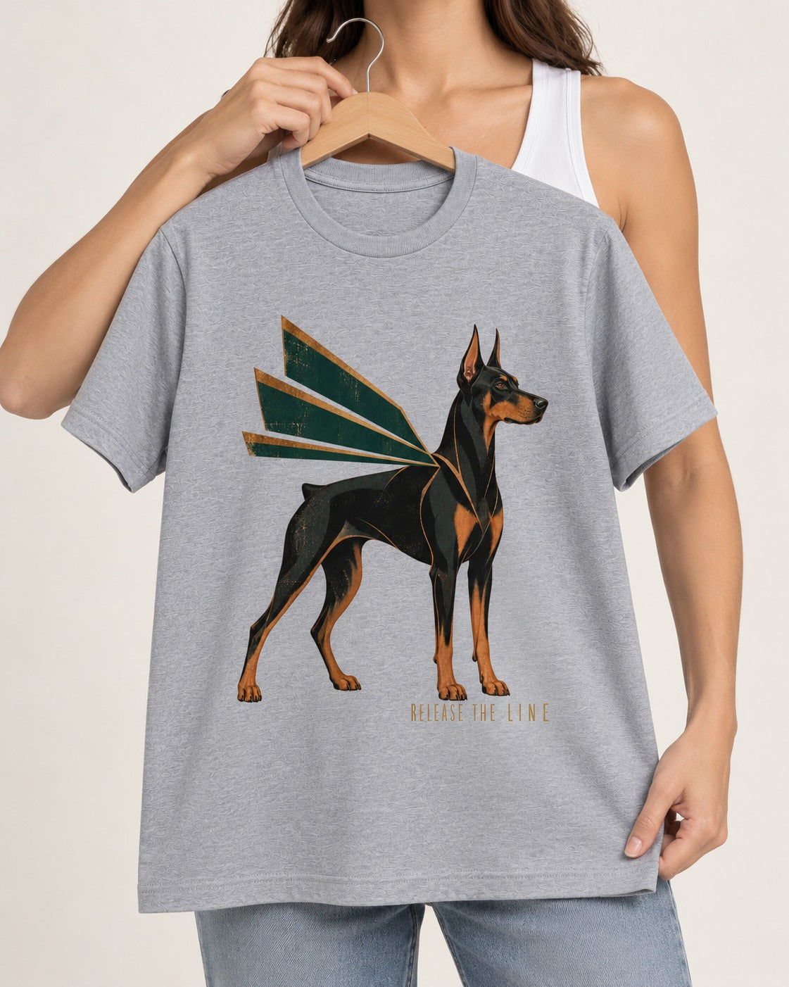 Release the Doberman Line T-Shirt in Sport Grey, held up on a hanger