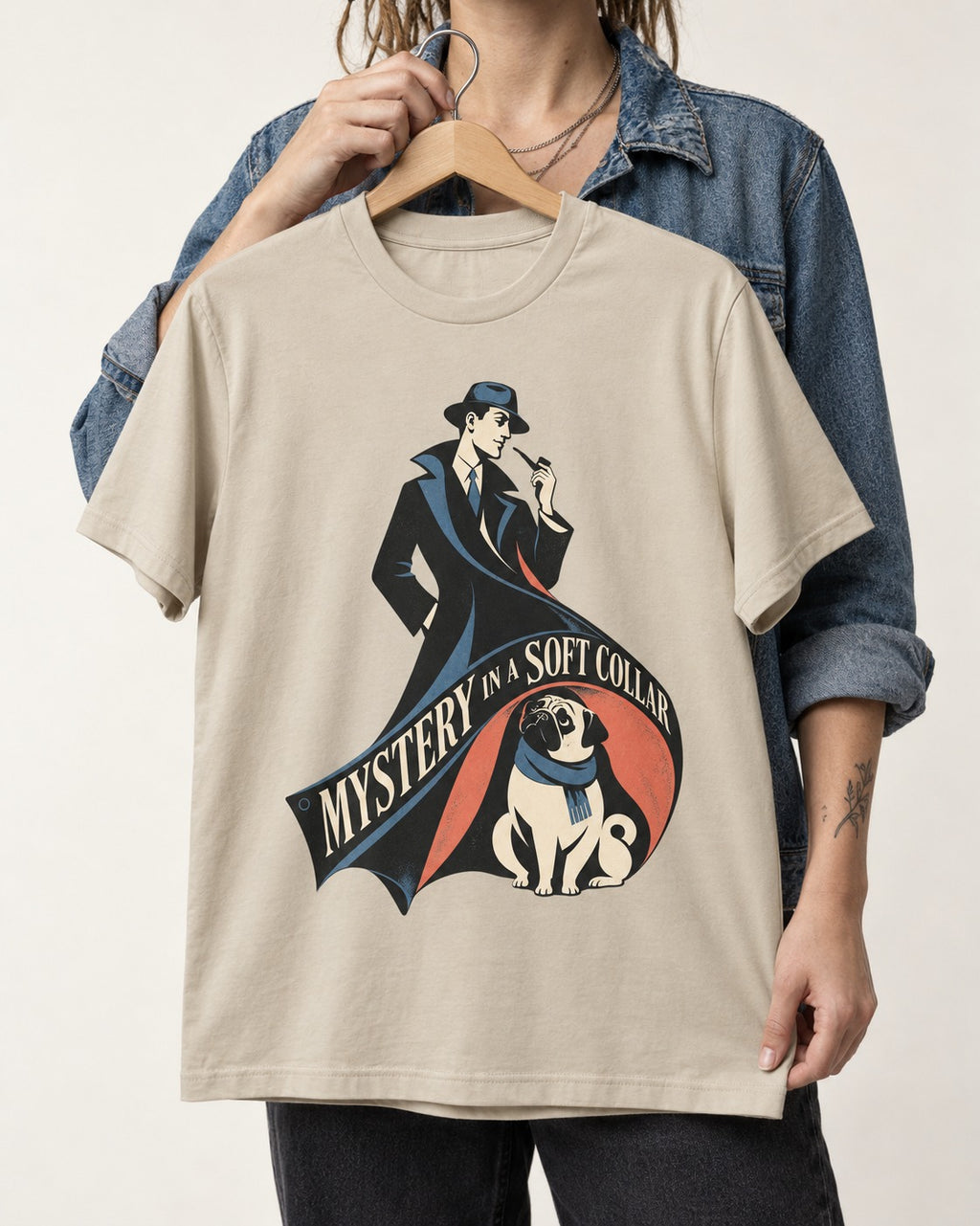 Pug Soft Collar Mystery T-Shirt in Sand, held up on a hanger
