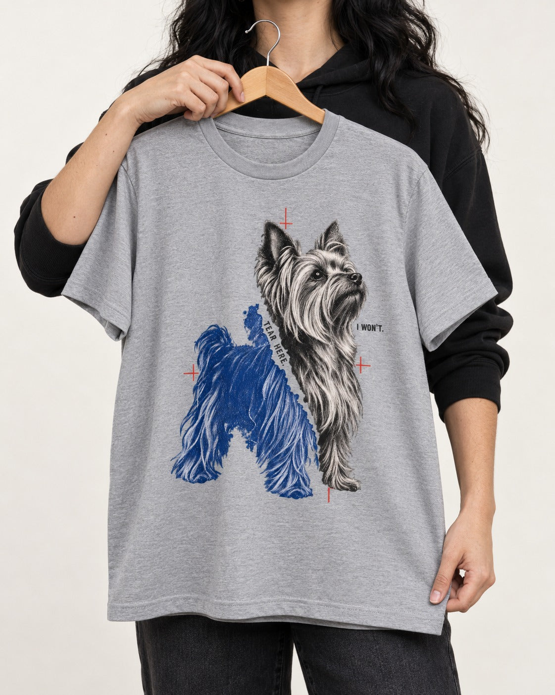 Yorkshire Terrier I Won't Tear Here T-Shirt in Sport Grey, held up on a hanger