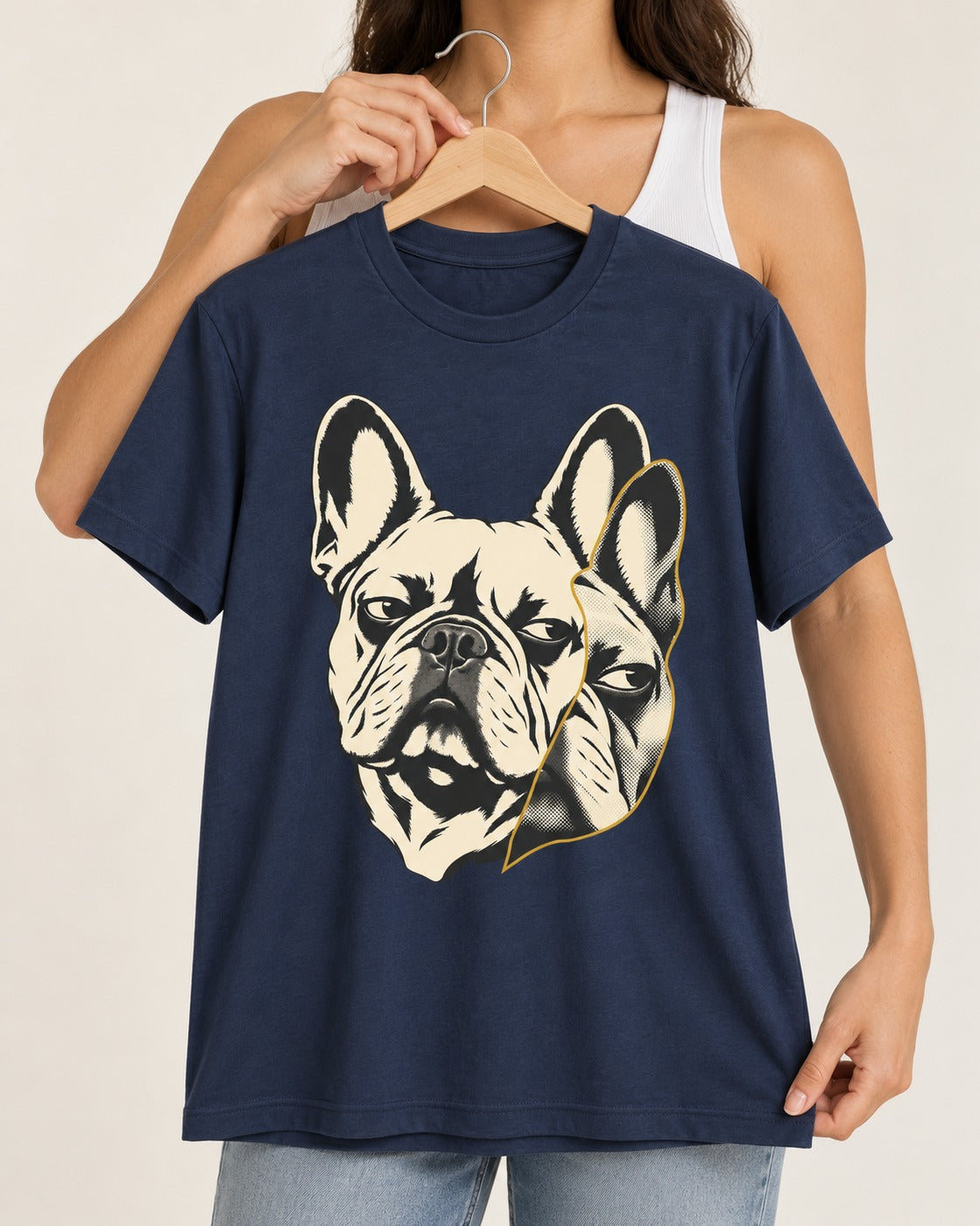Frenchie Double Crop Side Eye Portrait Graphic T-Shirt in Navy, held up on a hanger