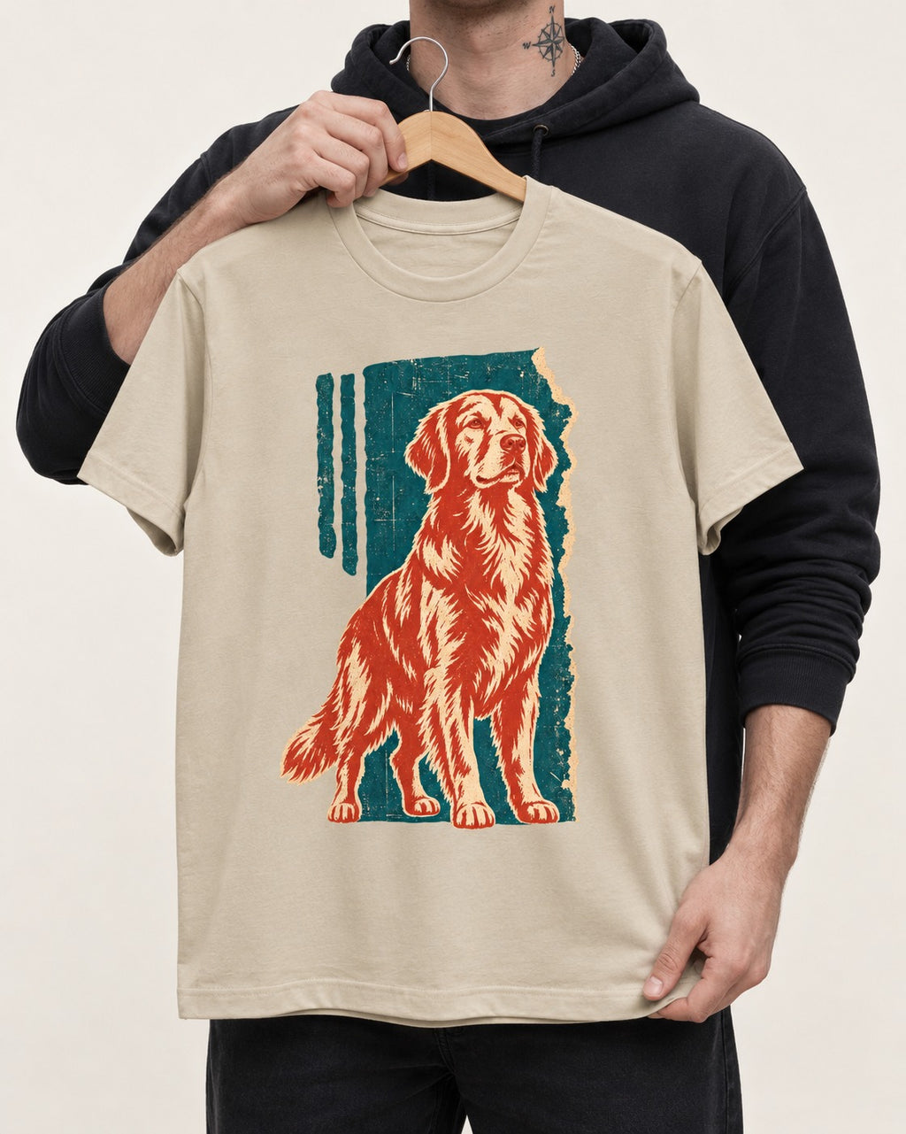 Golden Retriever Steadfast Heart T-Shirt in Sand, held up on a hanger