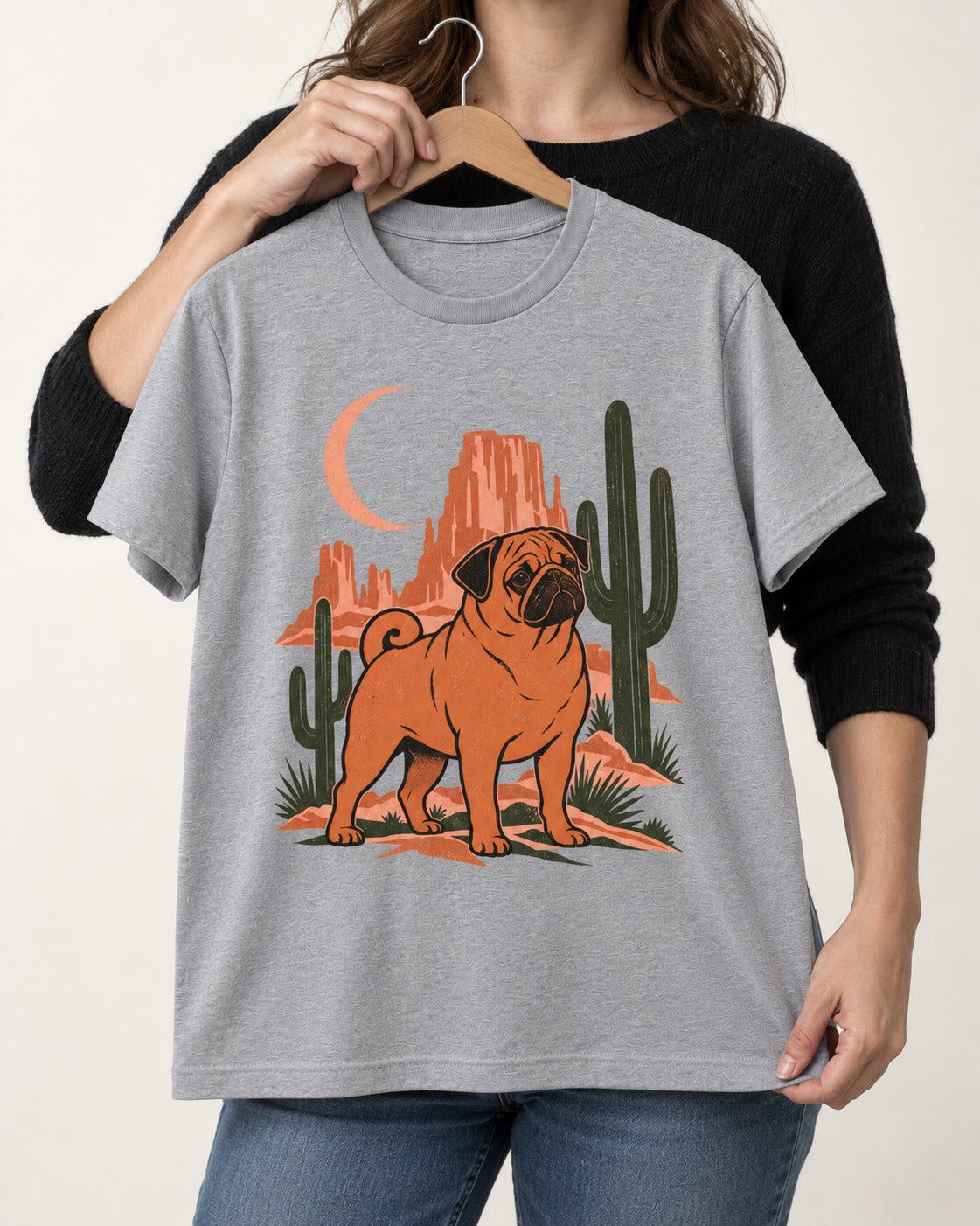 Pug Wild at Heart T-Shirt in Sport Grey, held up on a hanger