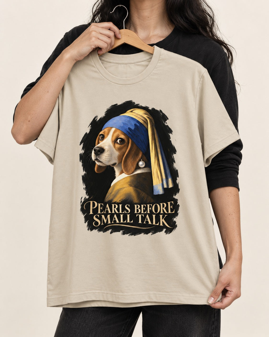 Beagle Paris Before Small Talk T-Shirt in Sand, held up on a hanger