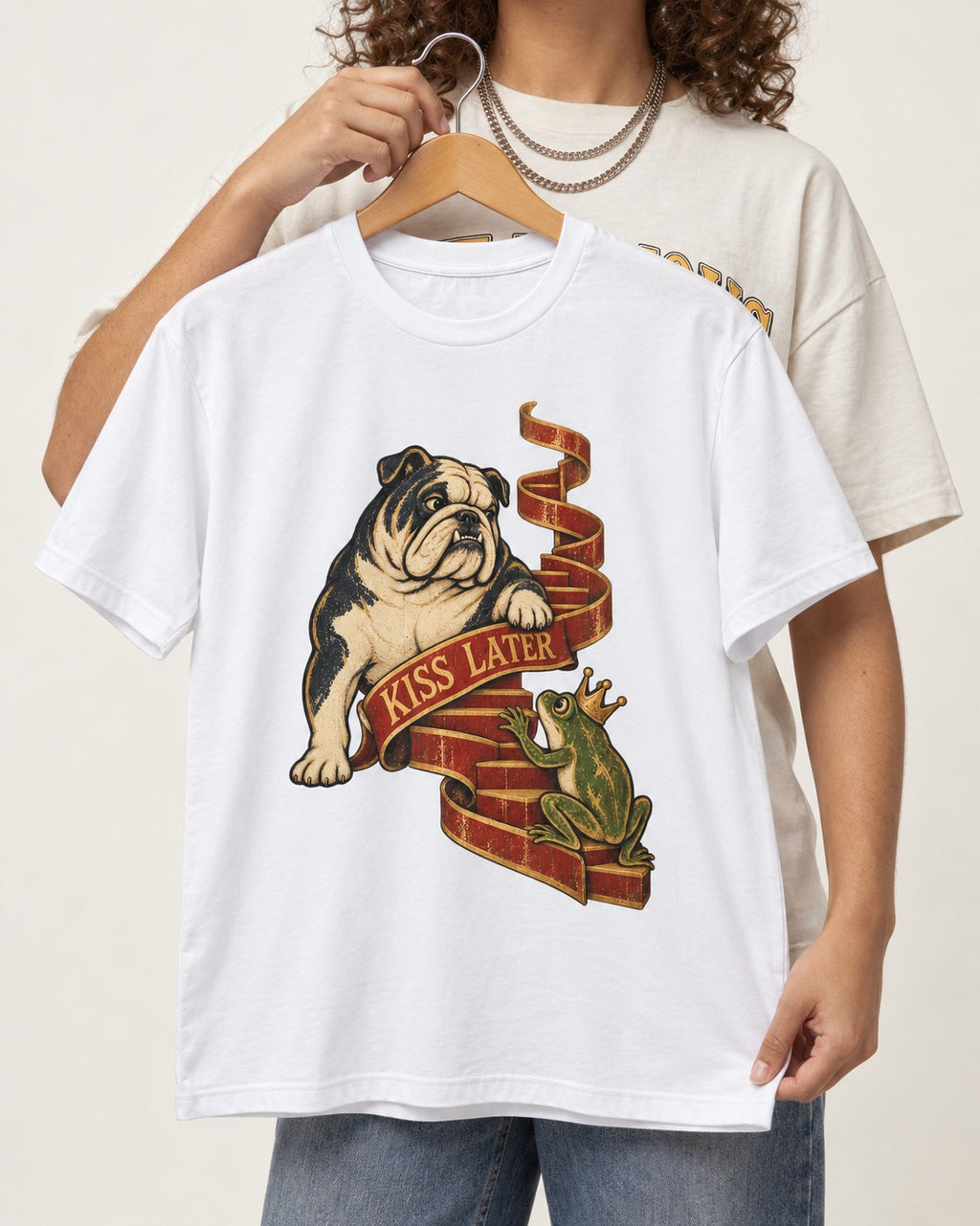 English Bulldog Kiss Later Frog Prince Graphic T-Shirt in White, held up on a hanger