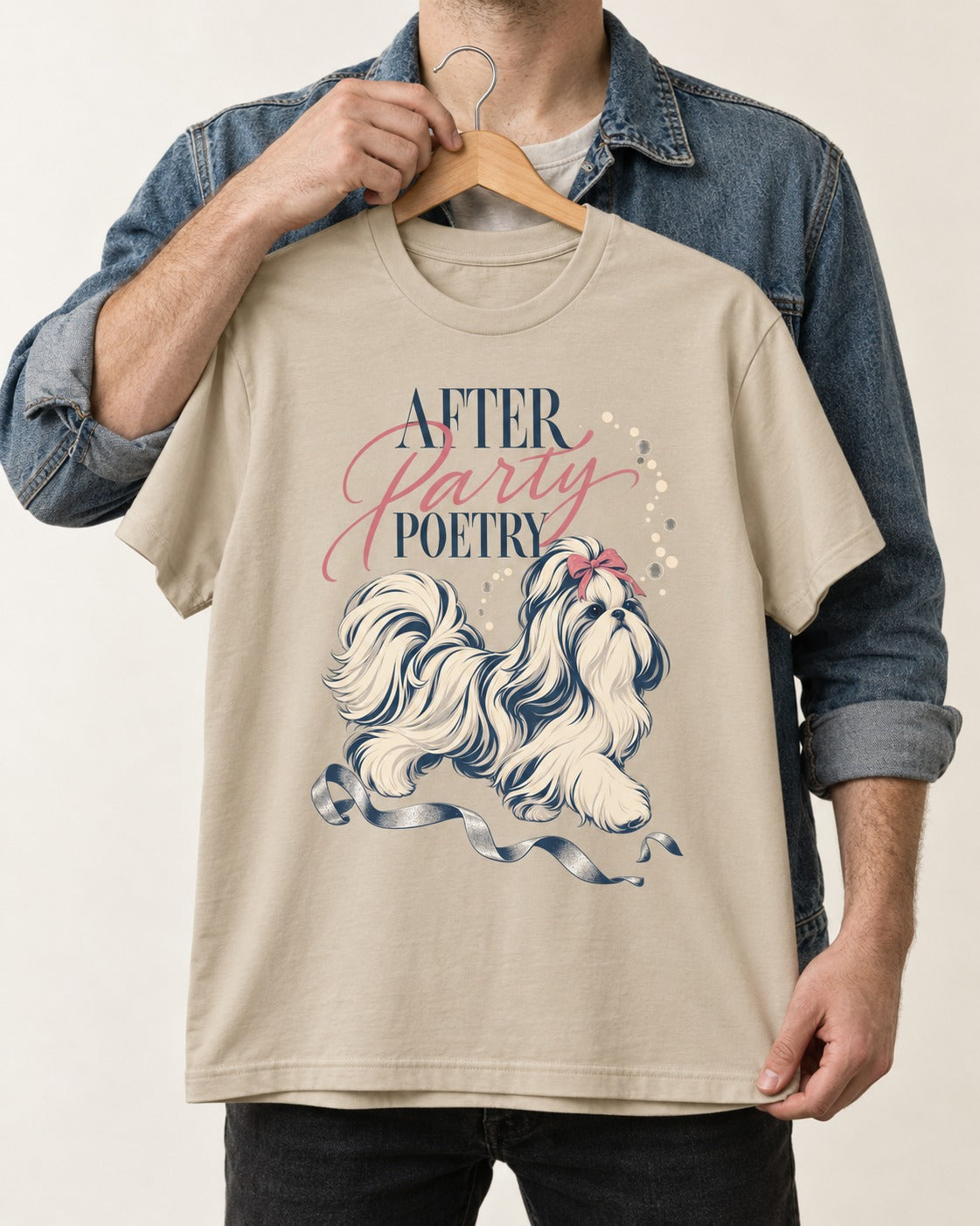 After Party Poetry Shih Tzu T-Shirt in Sand, held up on a hanger