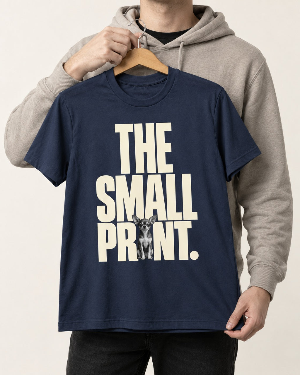 Chihuahua The Small Print Typographic Portrait T-Shirt in Navy, held up on a hanger