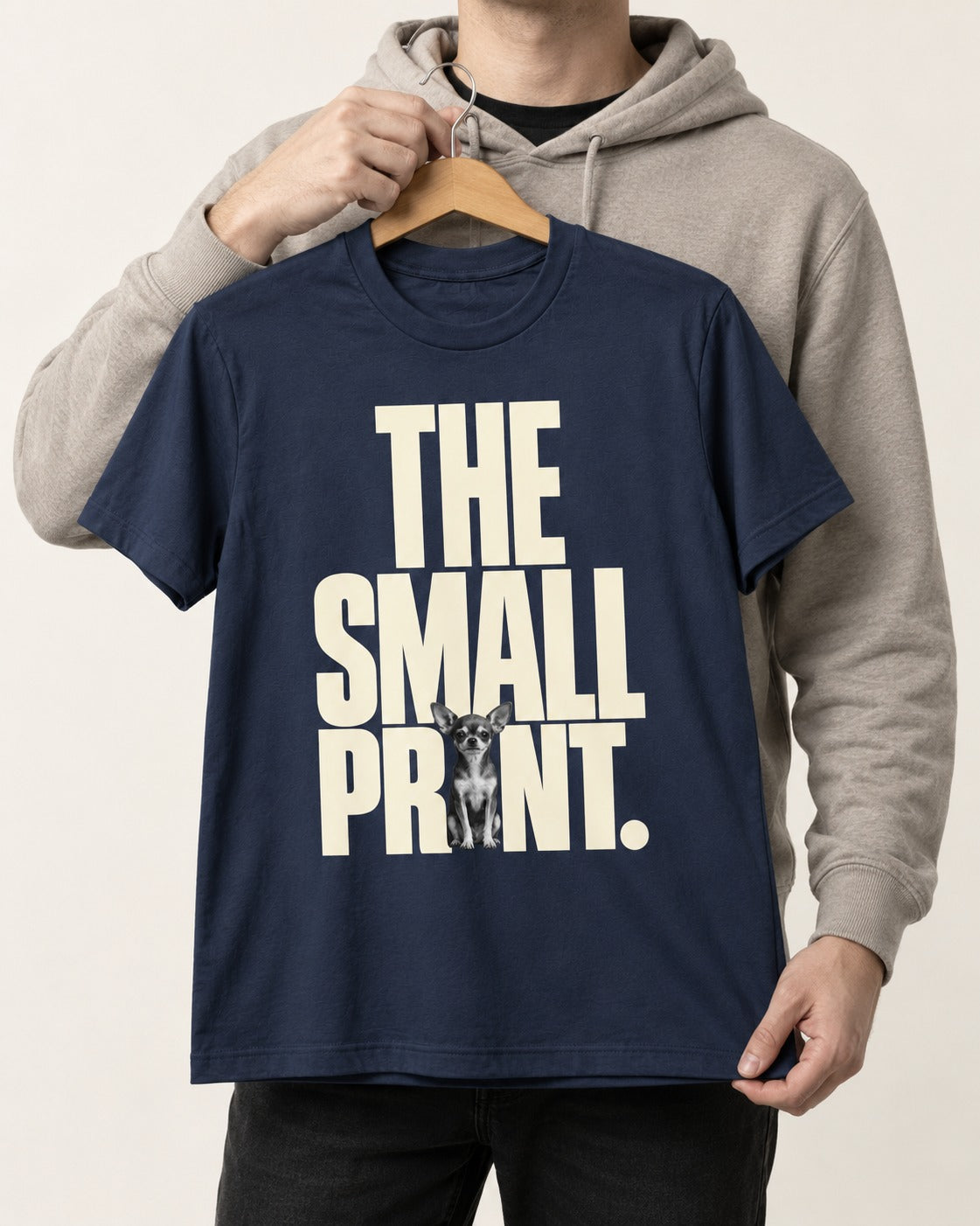 Chihuahua The Small Print Typographic Portrait T-Shirt in Navy, held up on a hanger