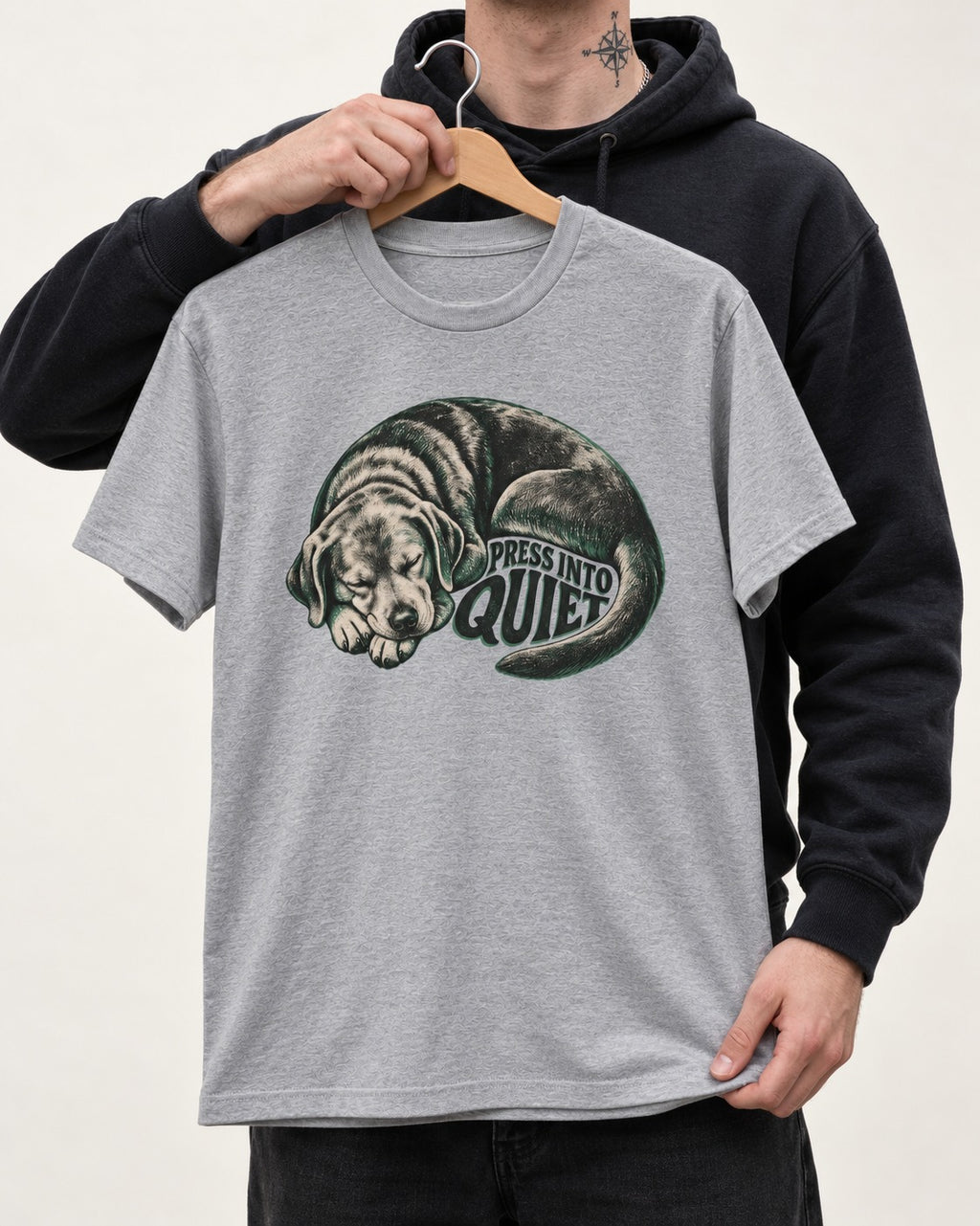 Labrador Retriever Press Into Quiet T-Shirt in Sport Grey, held up on a hanger