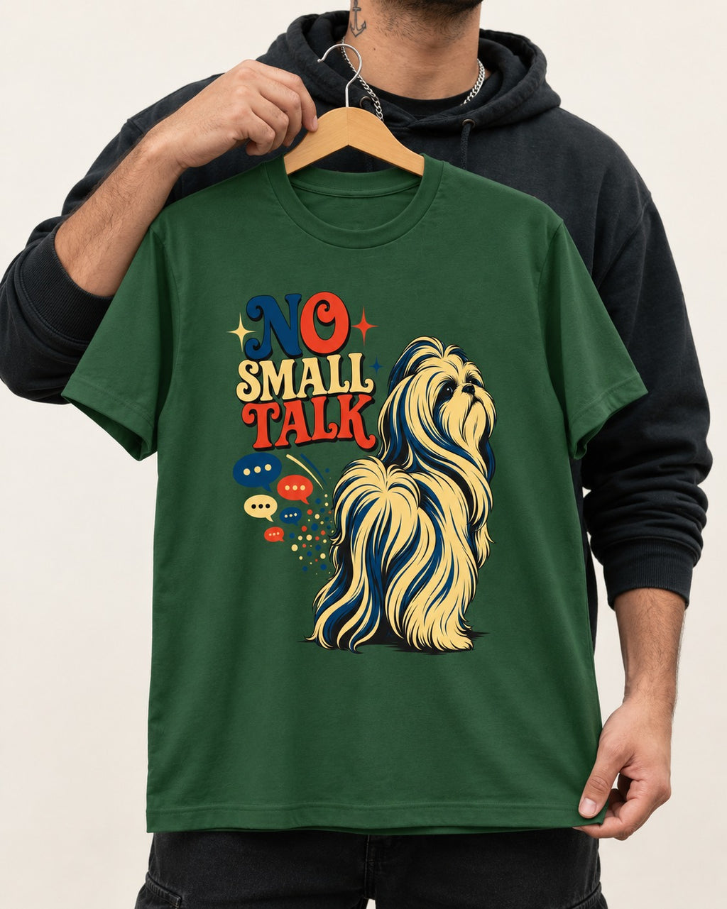 Shih Tzu No Small Talk Speech Bubble Graphic T-Shirt in Forest Green, held up on a hanger